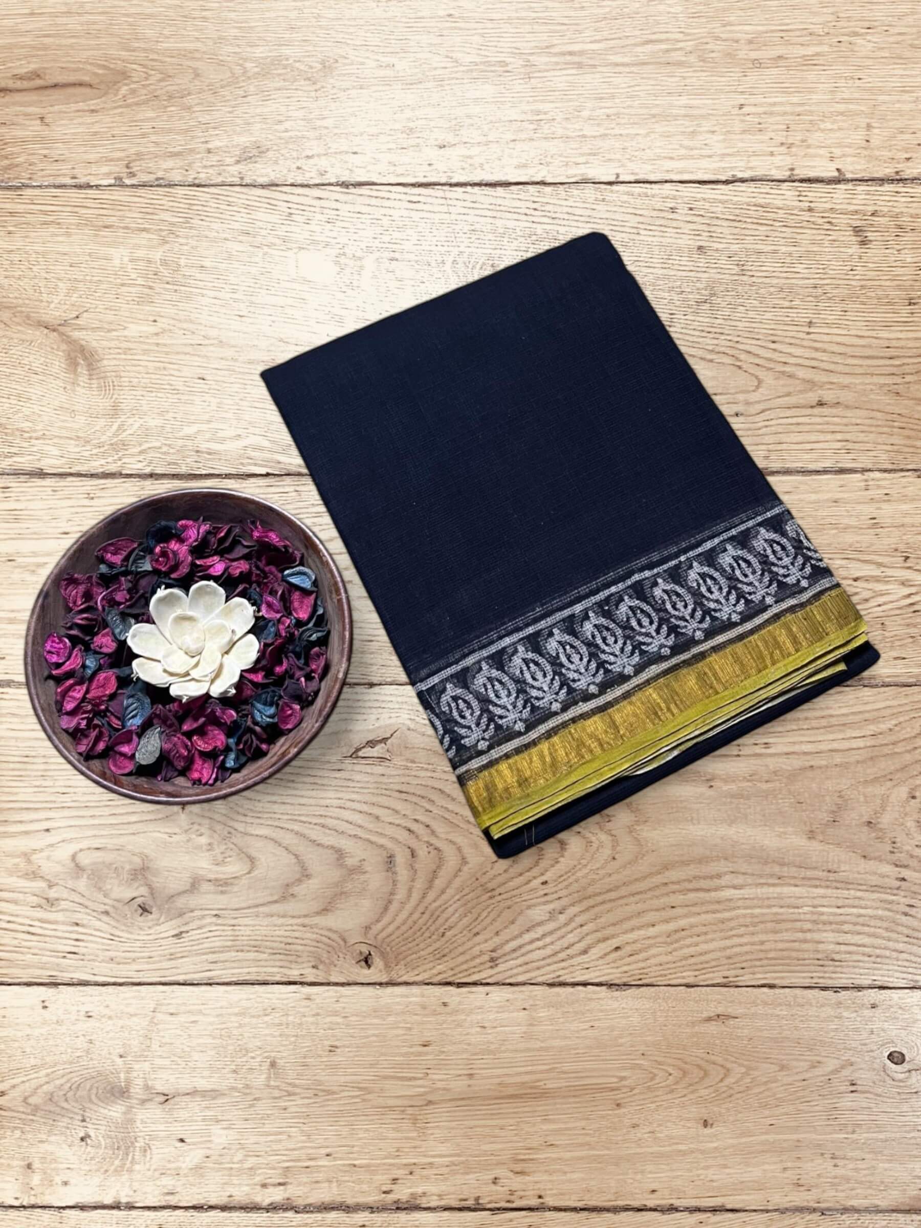 Kota Doria Bagru Block Print Saree in Black