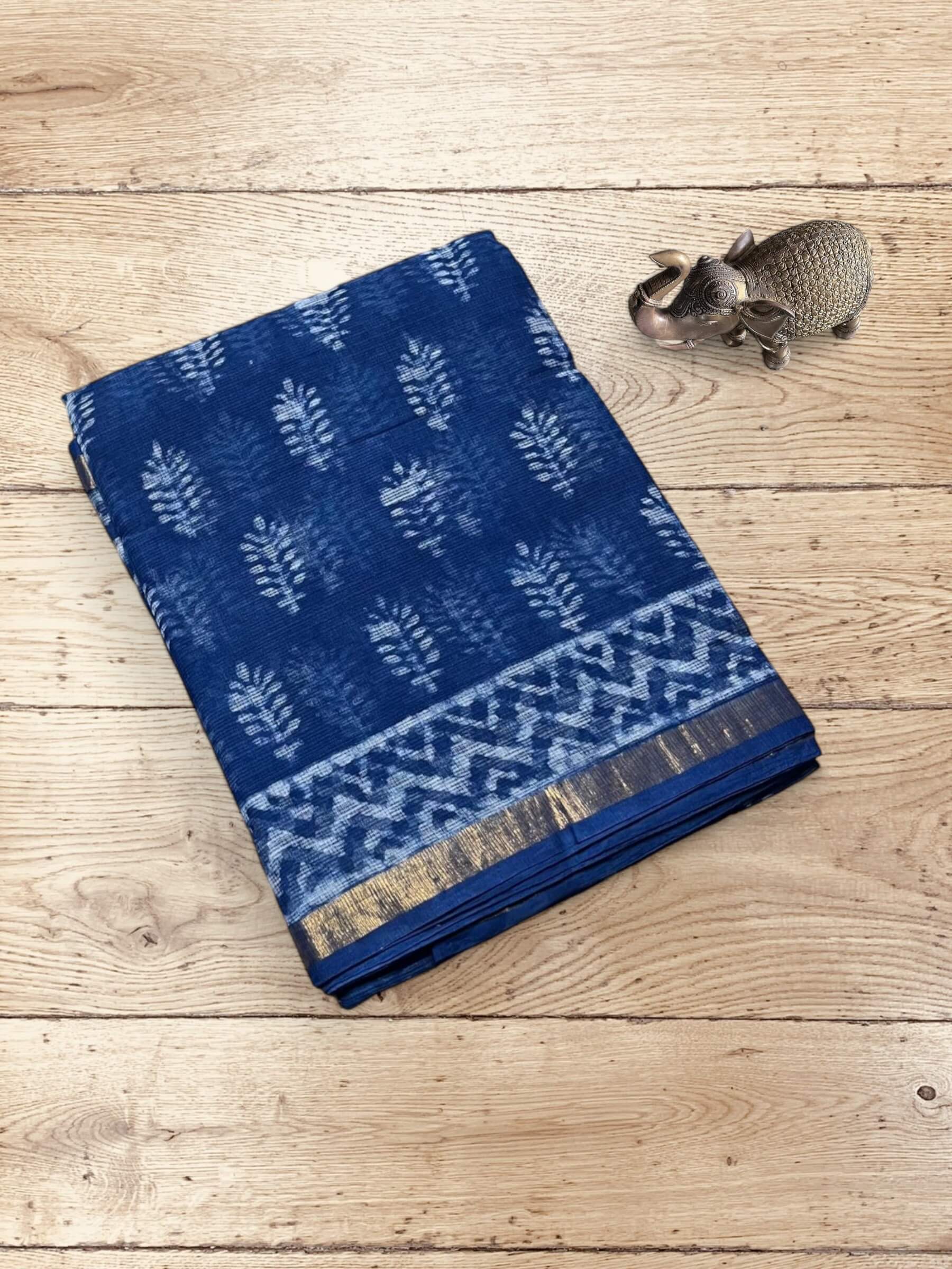 Kota Doria Bagru Block Print Saree in Blue