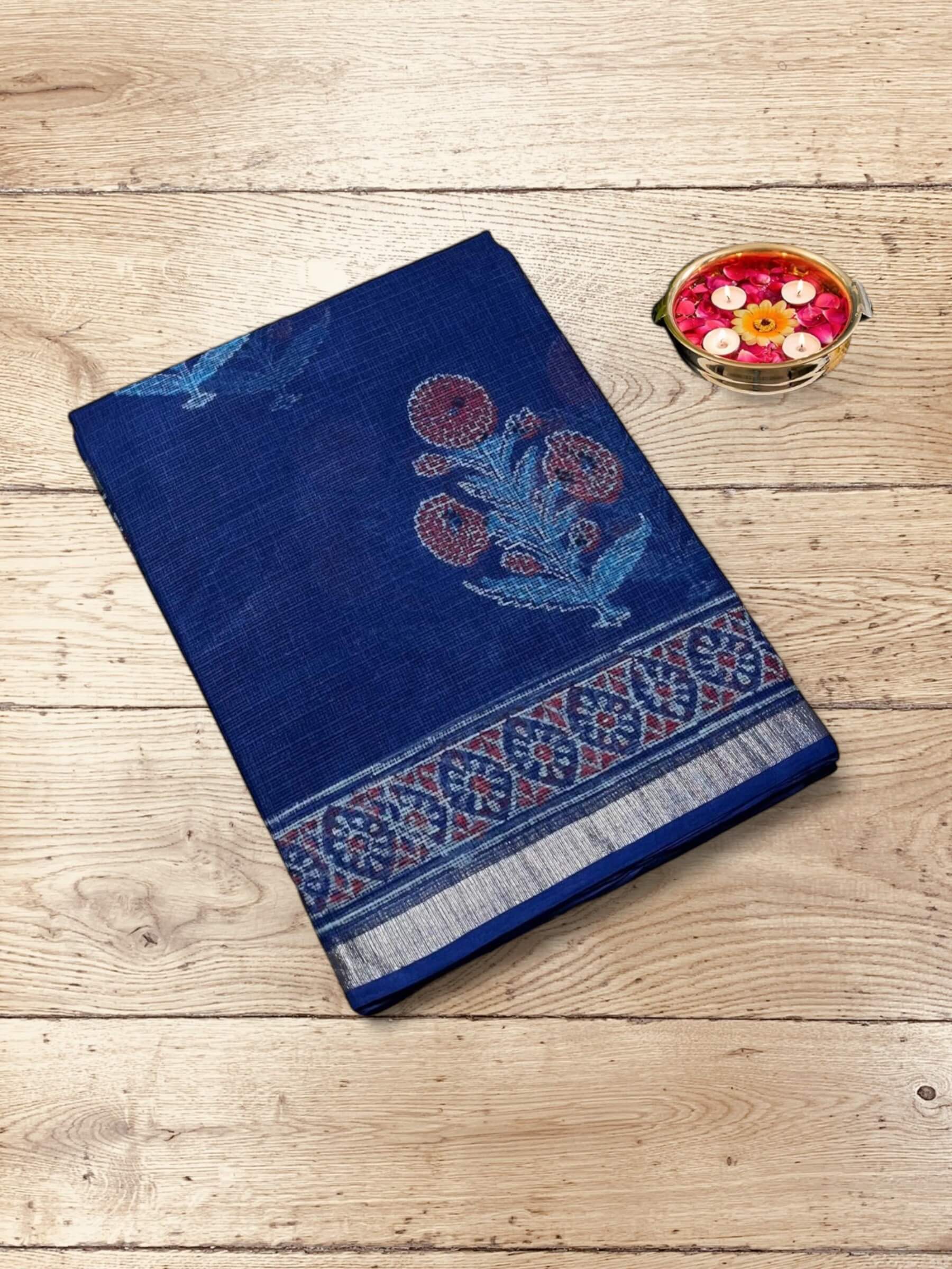 Kota Doria Bagru Block Print Saree in Blue