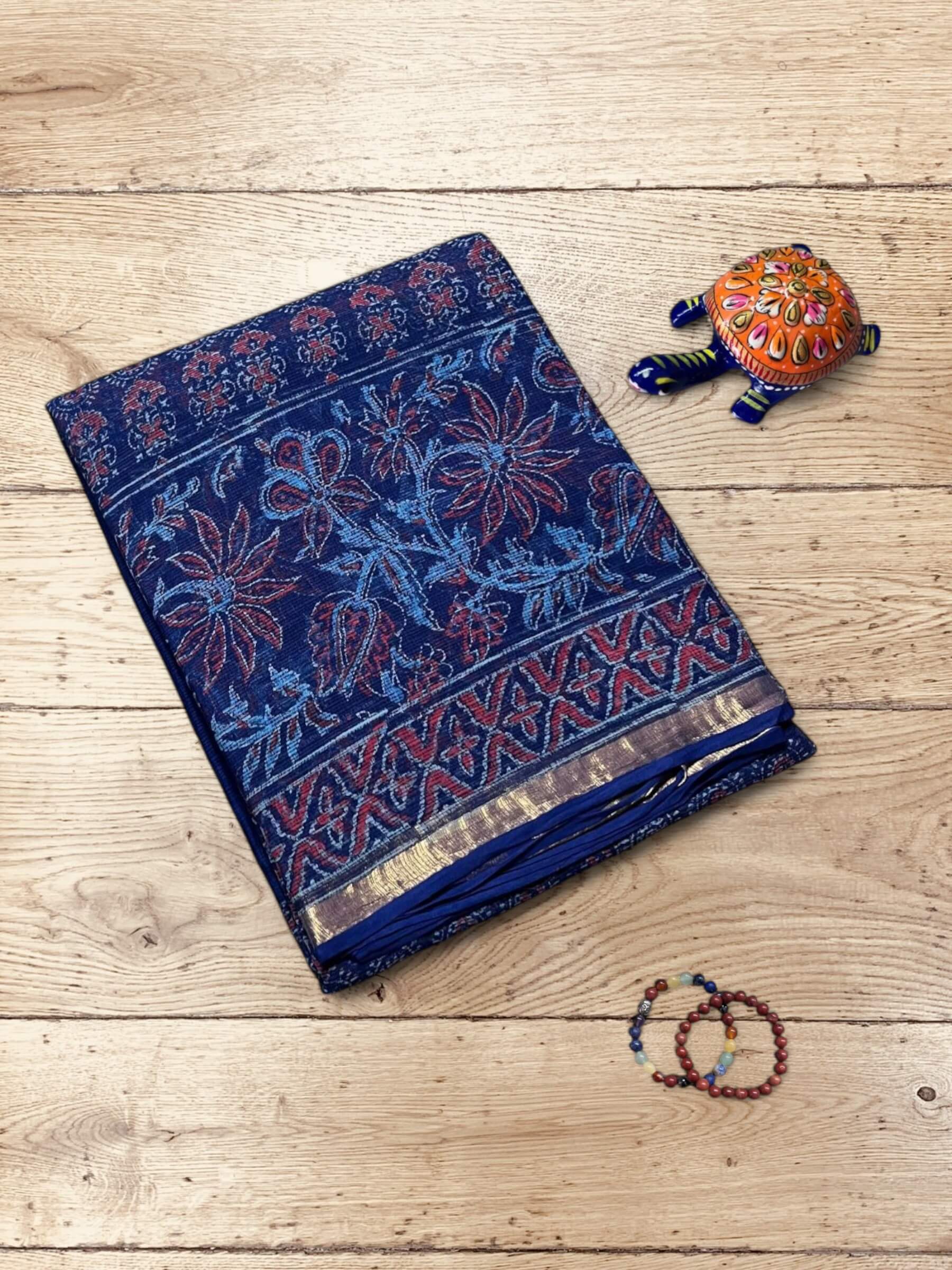 Kota Doria Bagru Block Print Saree in Blue