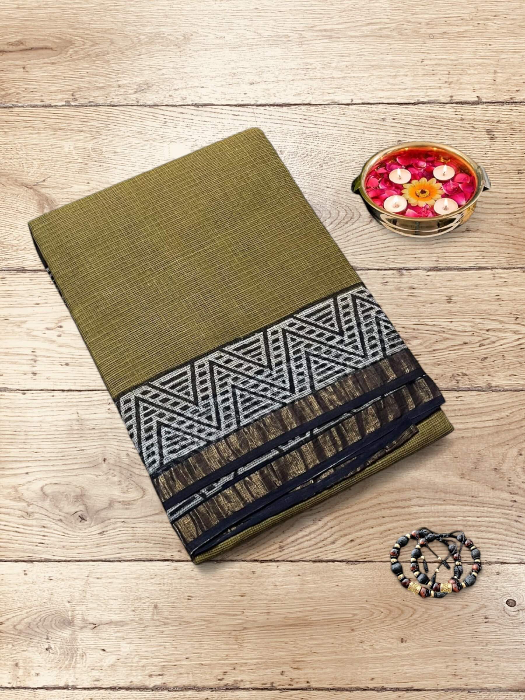 Kota Doria Bagru Block Print Saree in Olive Green