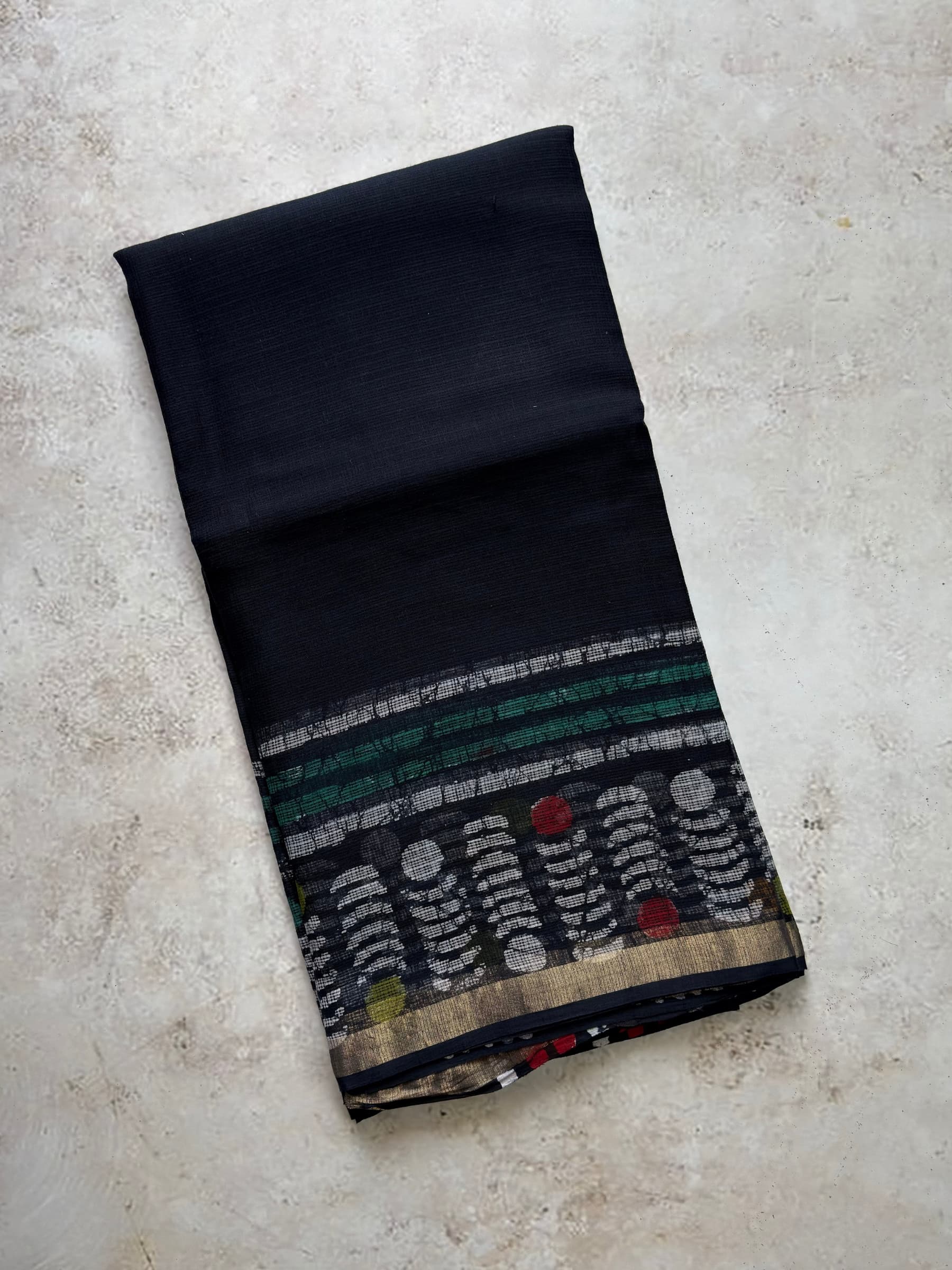 Navy blue Kota Doria block printed cotton saree with geometric pallu