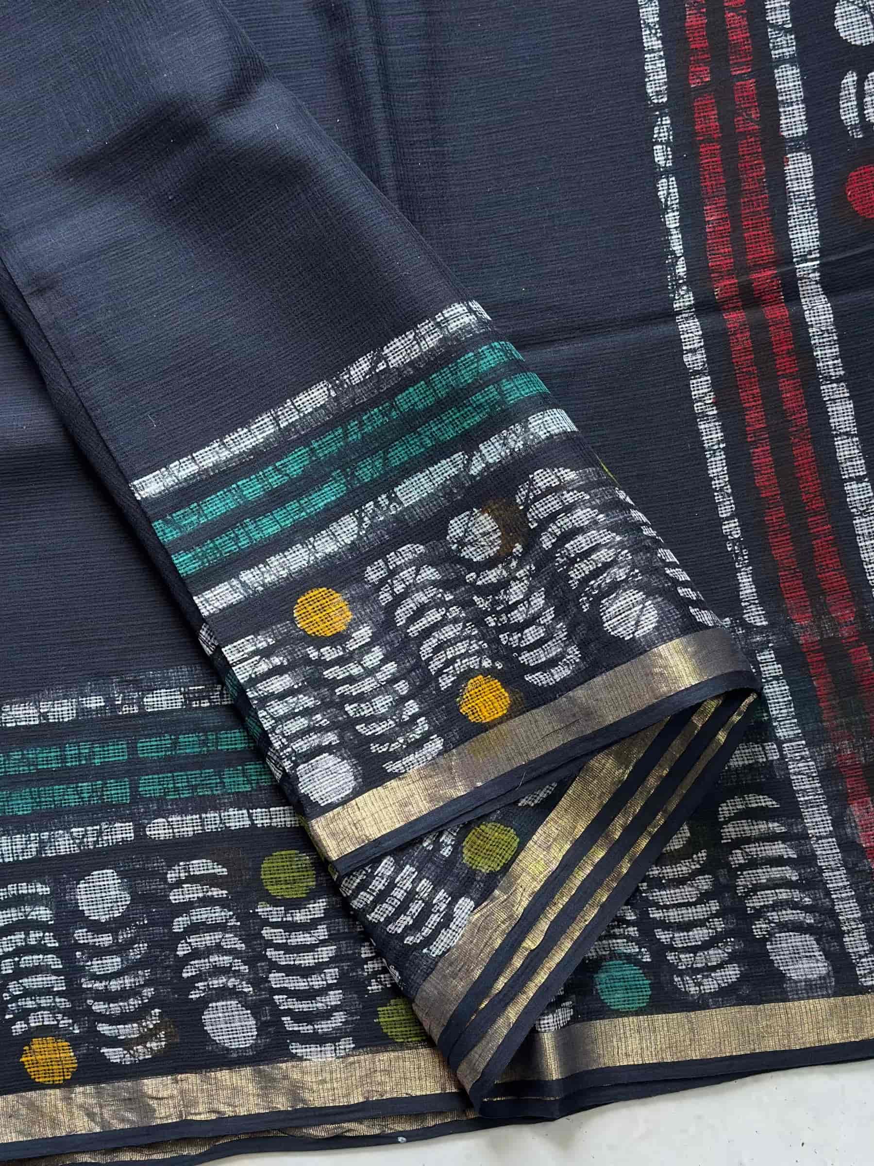 Hand Block Printed Kota Doria Saree in Navy Blue