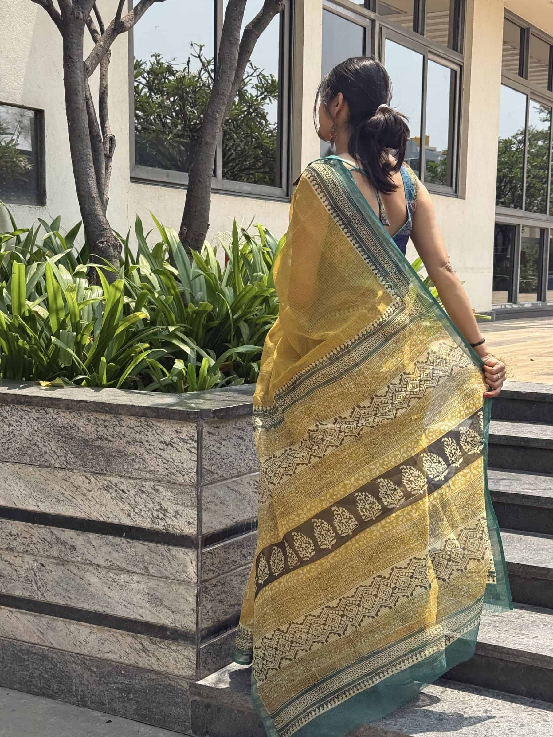 Kota Doria Bagru Block Print Saree in Mustard Yellow
