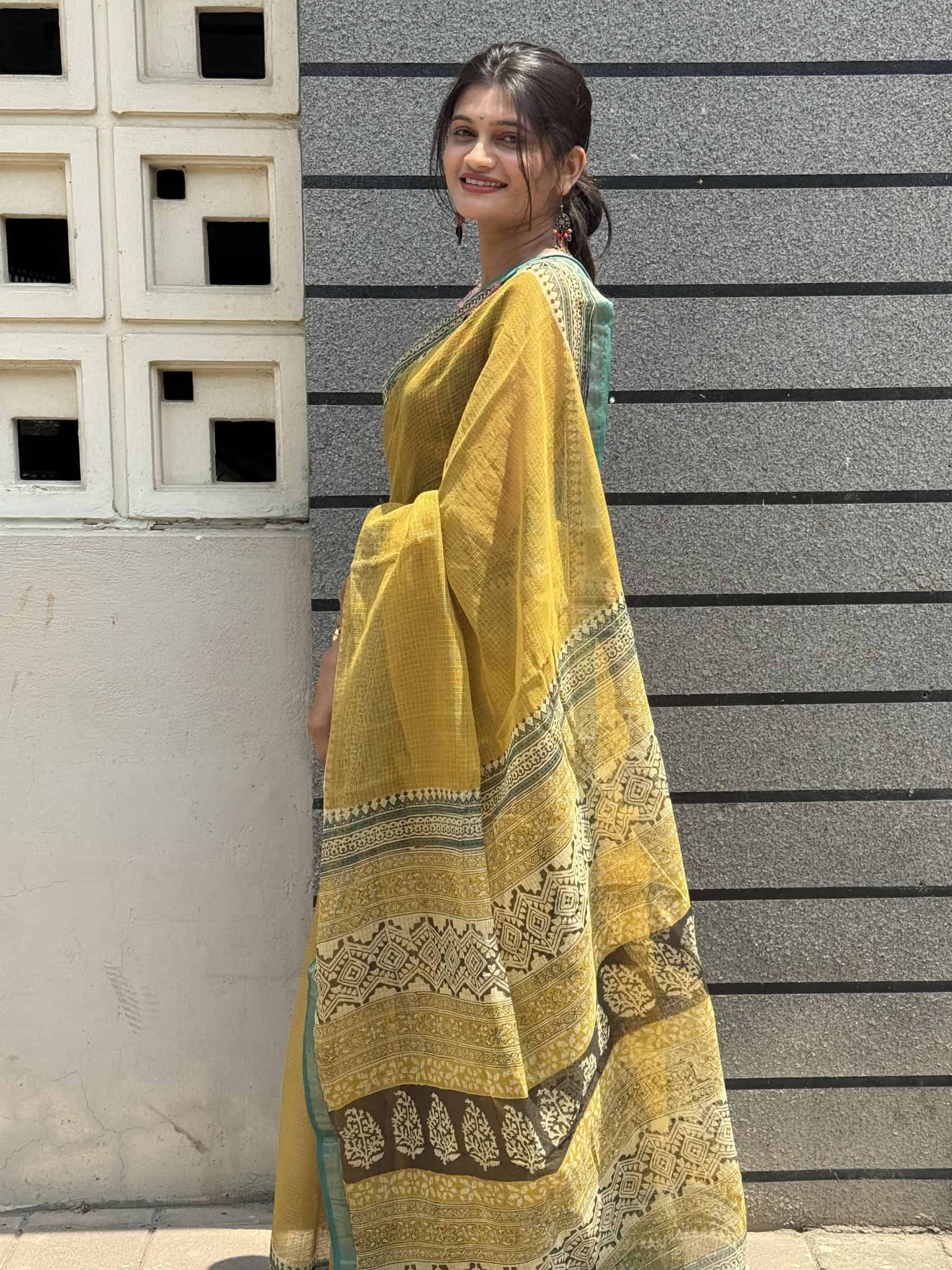 Kota Doria Bagru Block Print Saree in Mustard Yellow