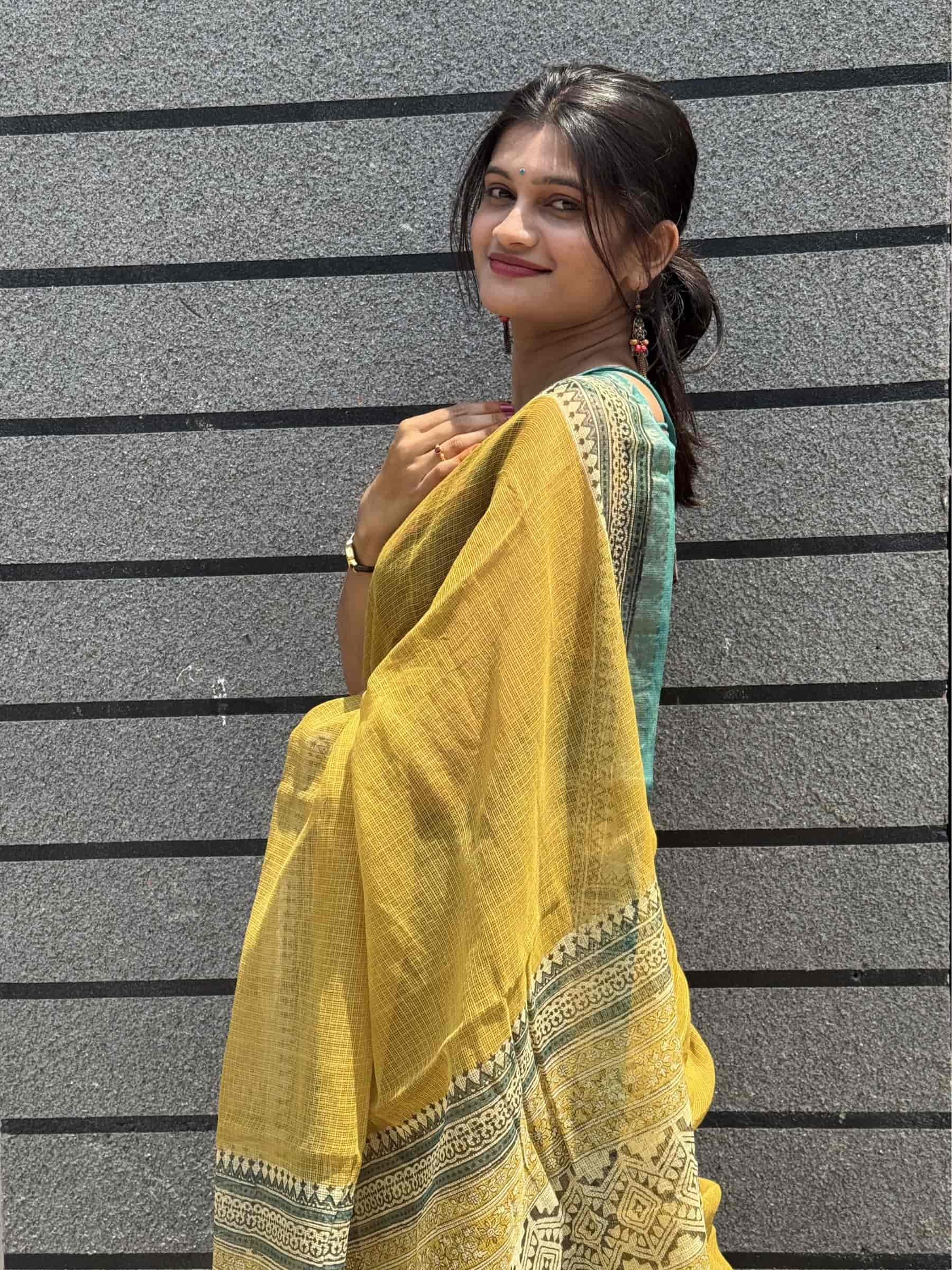Kota Doria Bagru Block Print Saree in Mustard Yellow