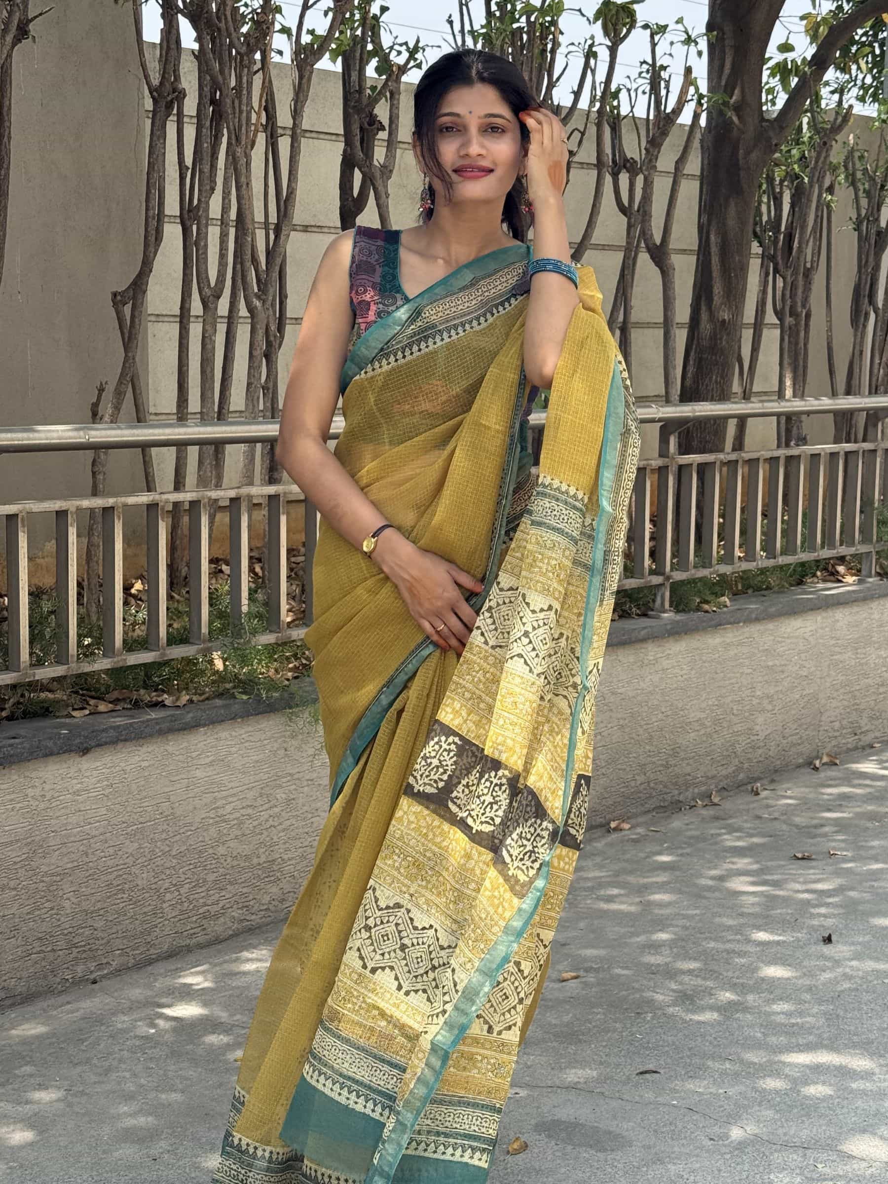 Kota Doria Bagru Block Print Saree in Mustard Yellow