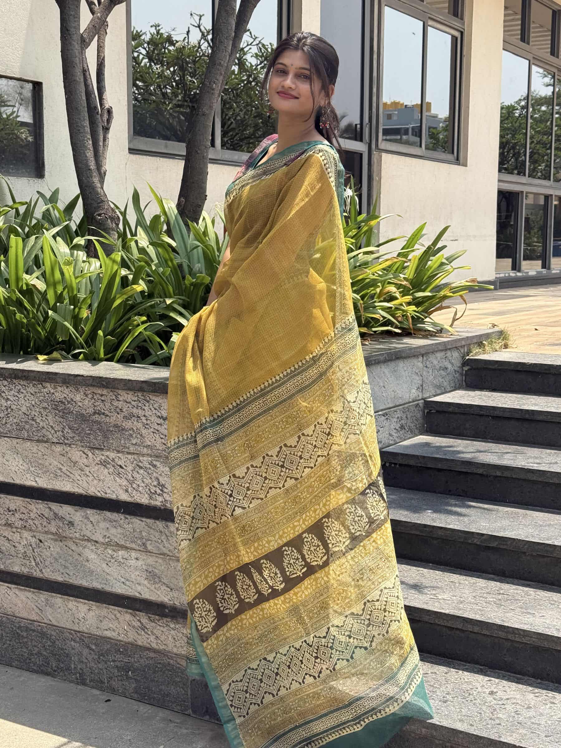 Kota Doria Bagru Block Print Saree in Mustard Yellow