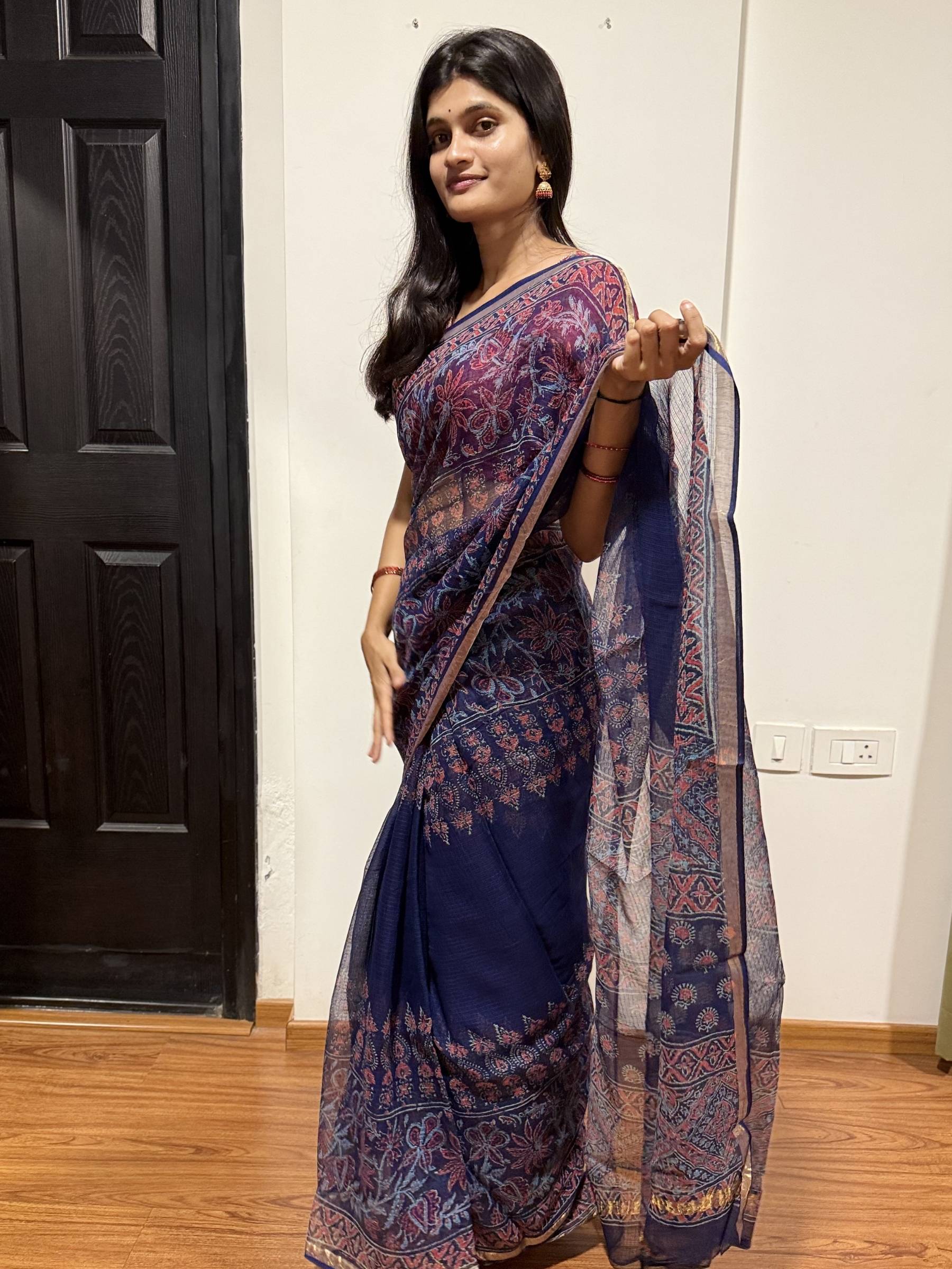 Blue Kota Doria Saree with floral block prints