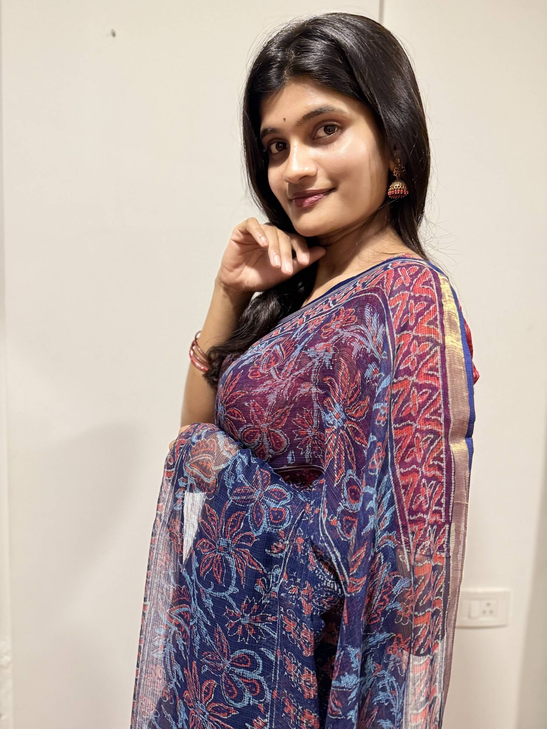 Block Printed Blue Kota Doria Saree with Floral Motifs