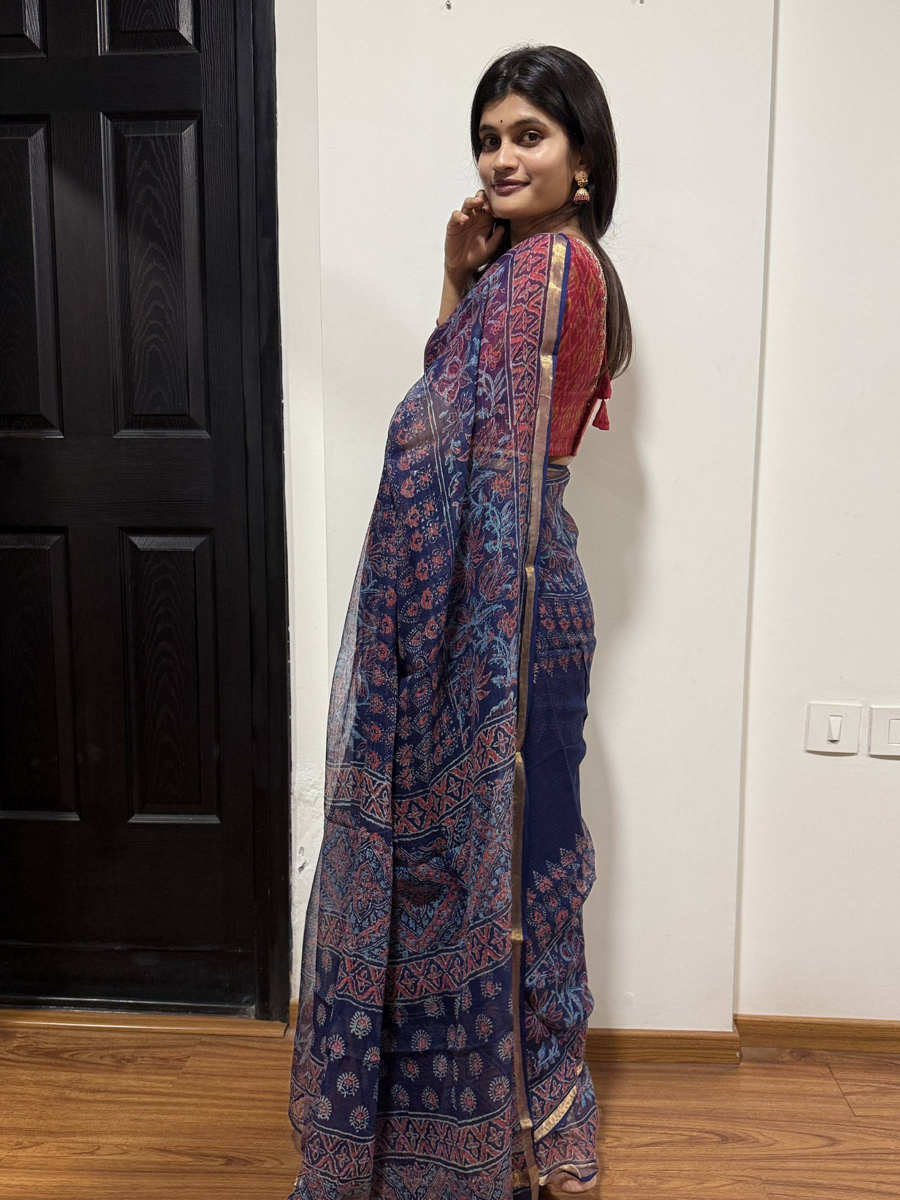 Block Printed Blue Kota Doria Saree with Floral Motifs