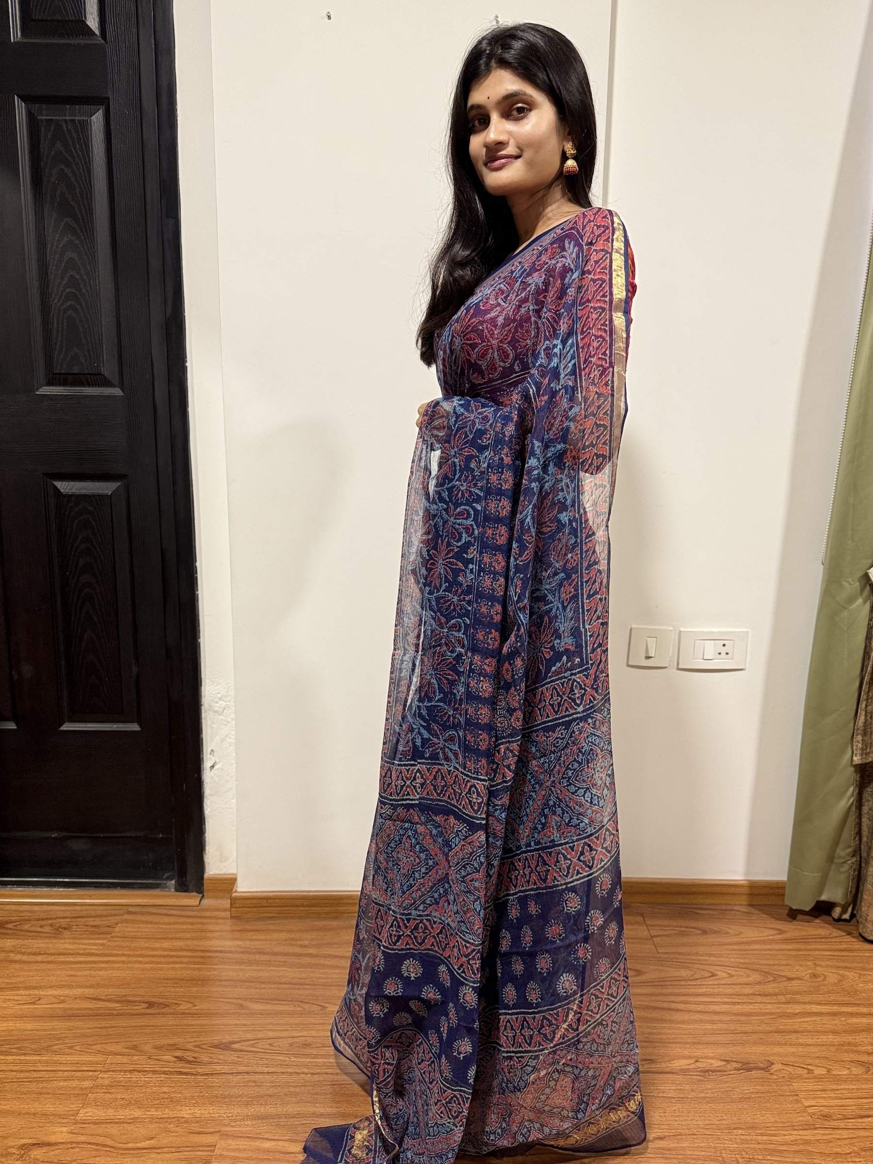 Block Printed Blue Kota Doria Saree with Floral Motifs