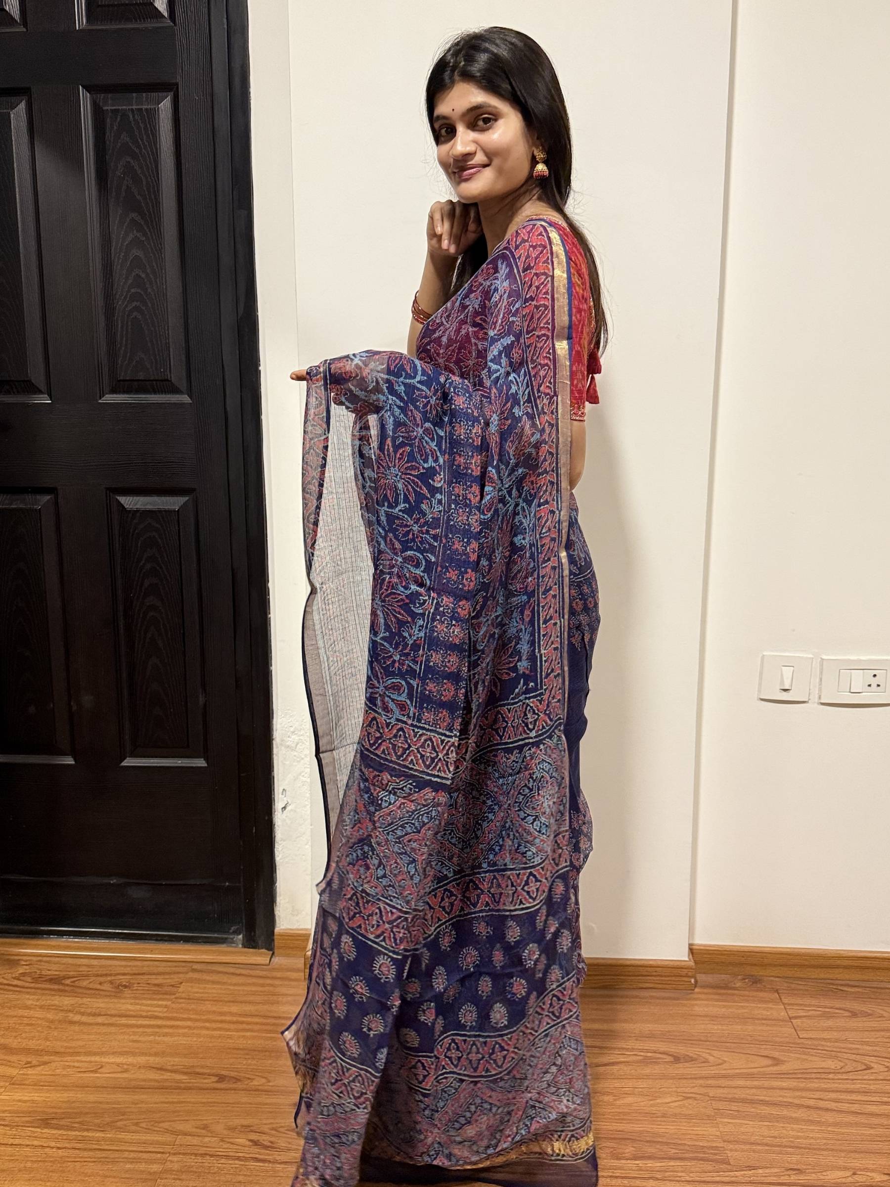 Block Printed Blue Kota Doria Saree with Floral Motifs