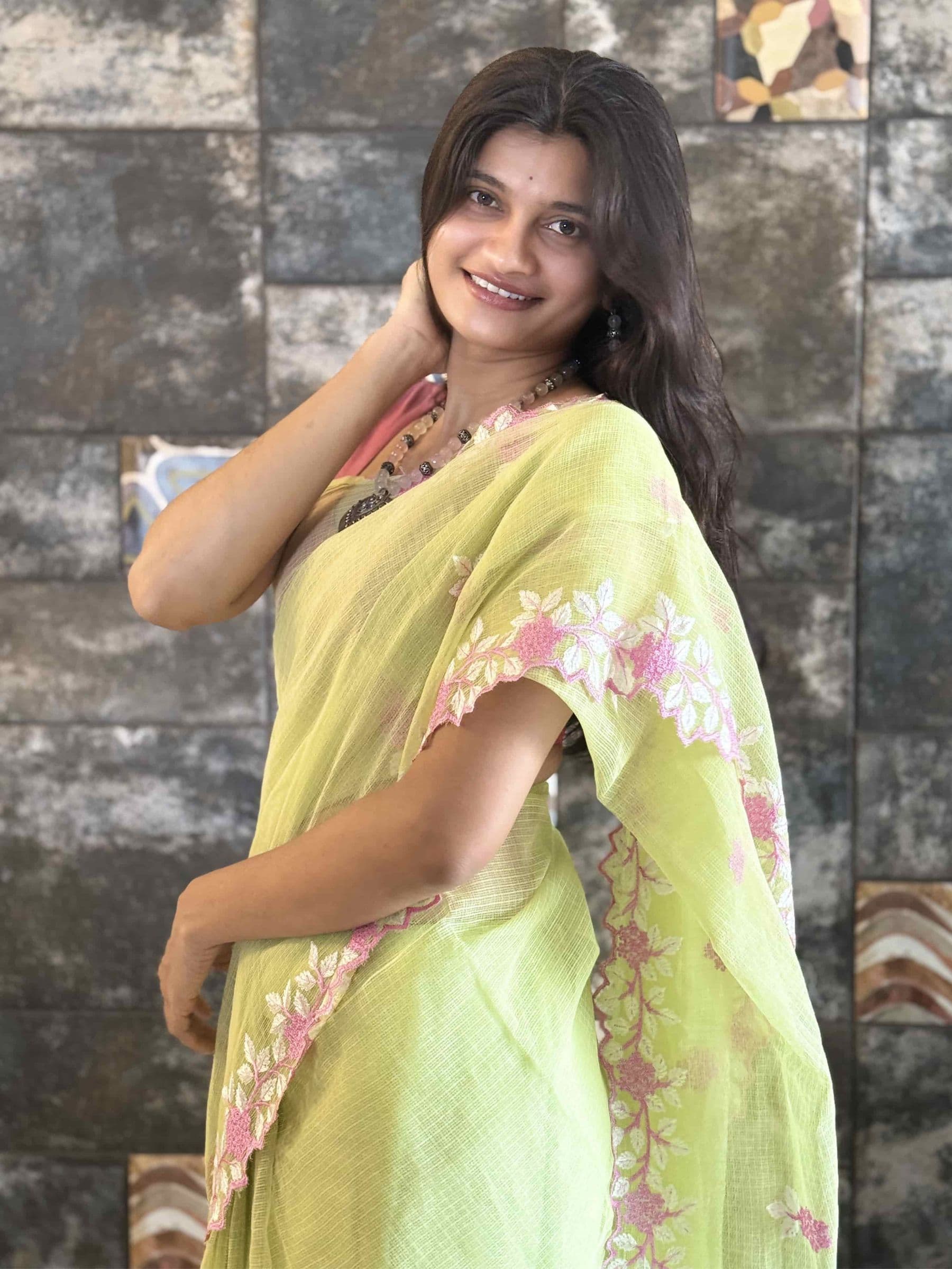 Apple Green Embroidered Kota Doria Saree