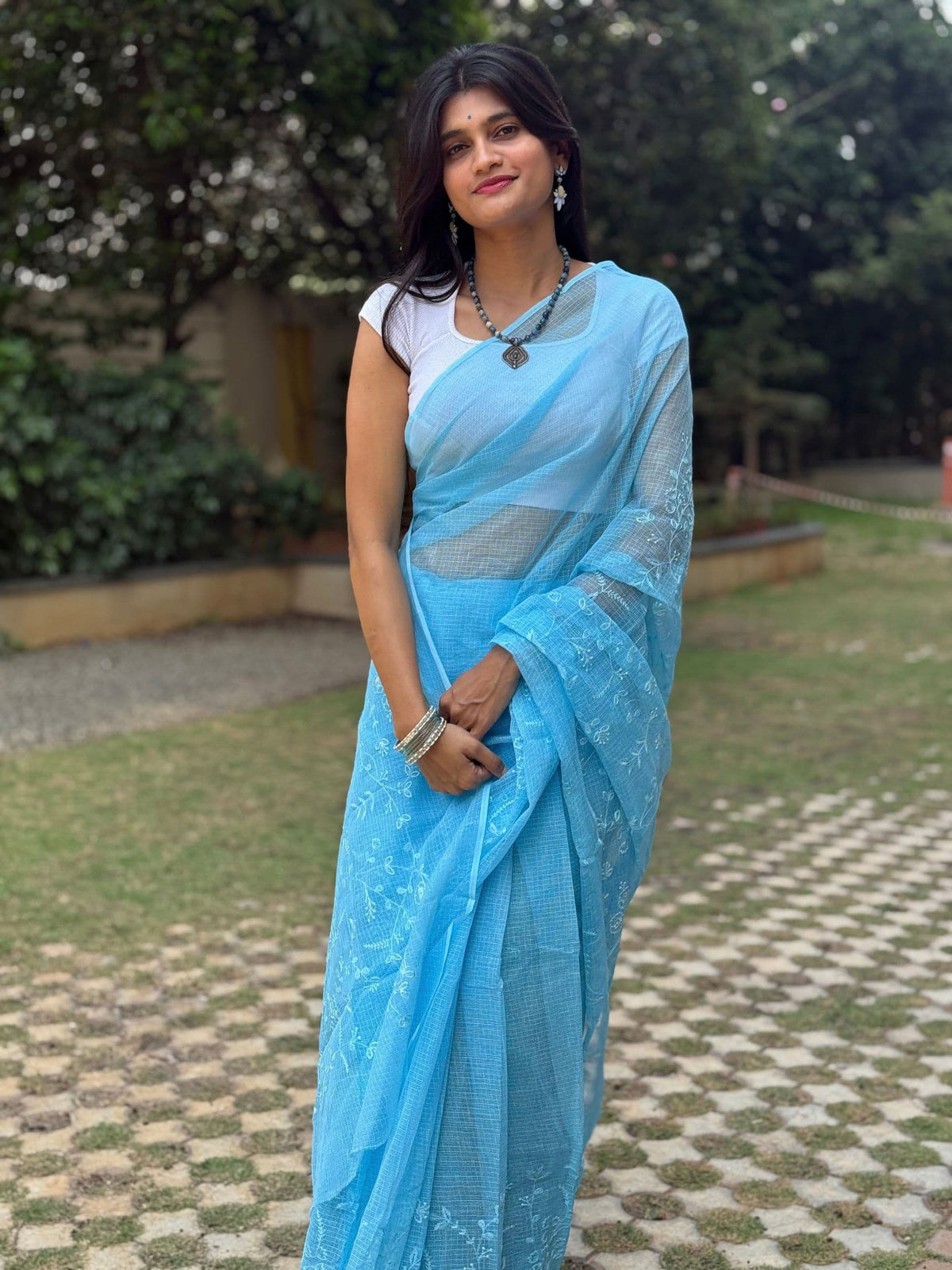 Kota Doria Embroidered Saree in Blue