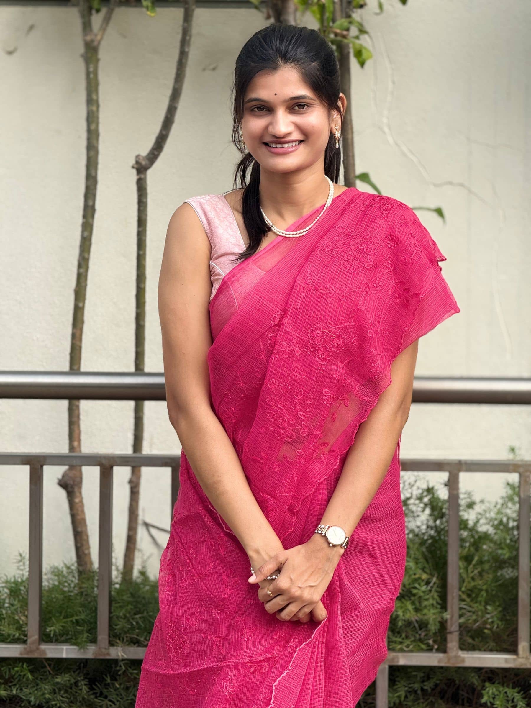 Kota Doria Embroidered Saree in Magenta Pink