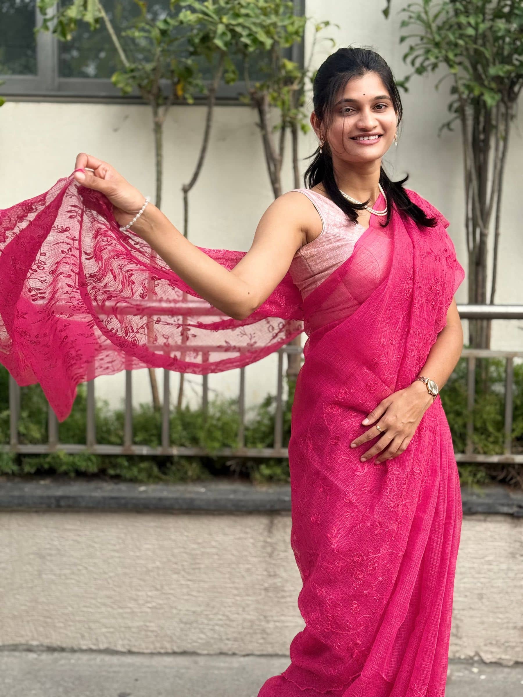 Kota Doria Embroidered Saree in Magenta Pink