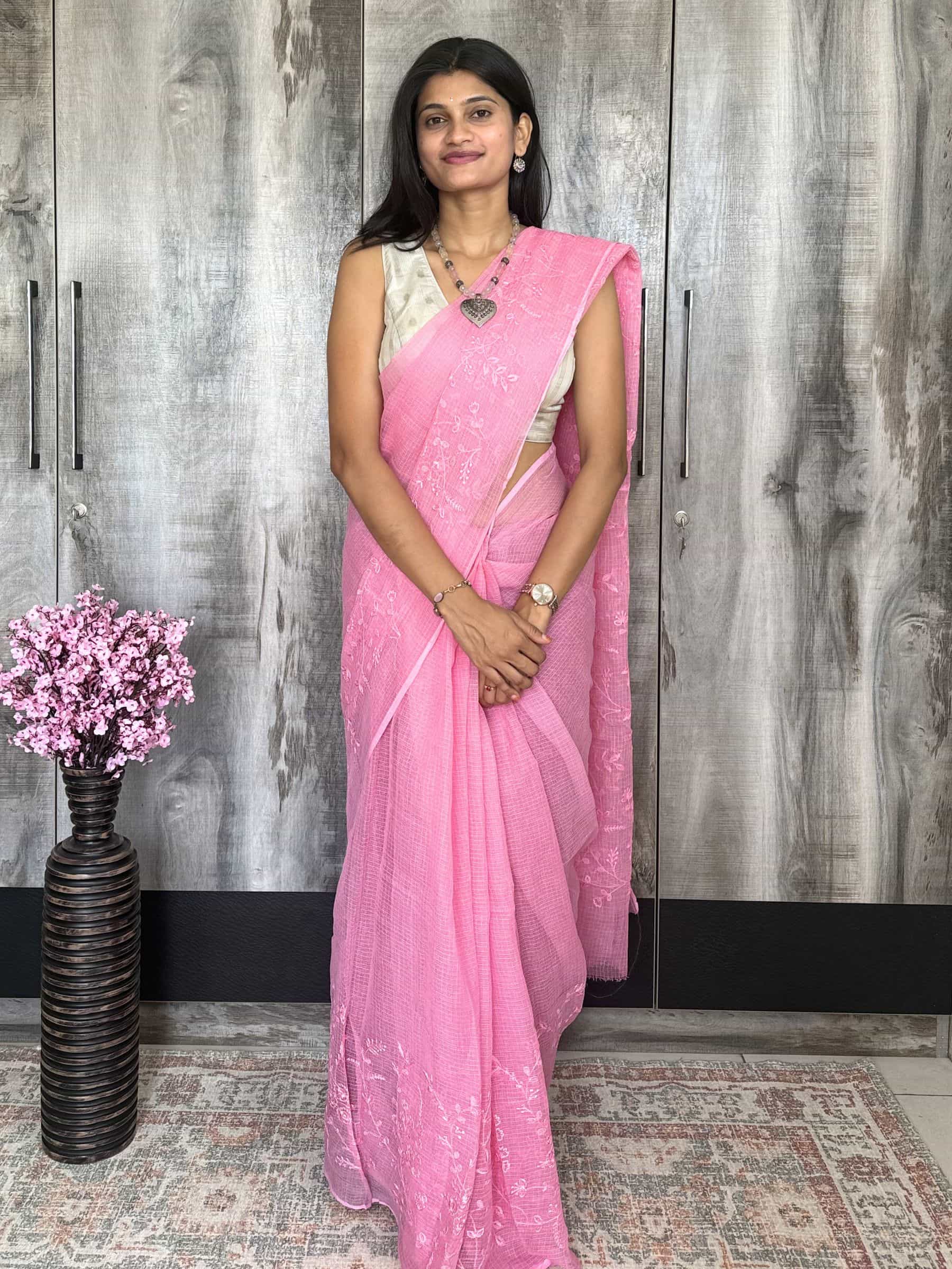 Pink embroidered Kota Doria saree with floral thread work