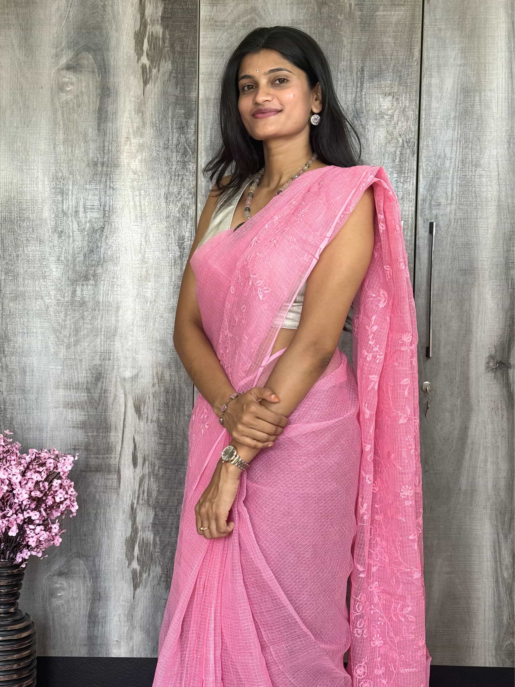 Kota Doria Embroidered Saree in Pink