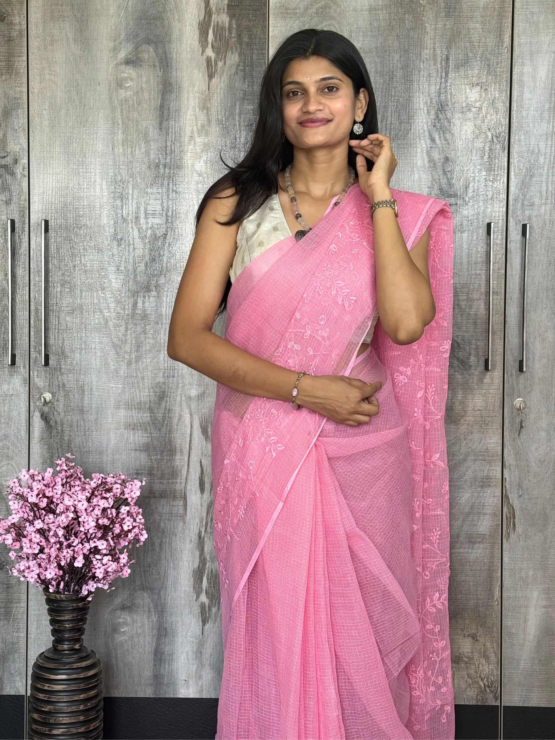 Kota Doria Embroidered Saree in Pink