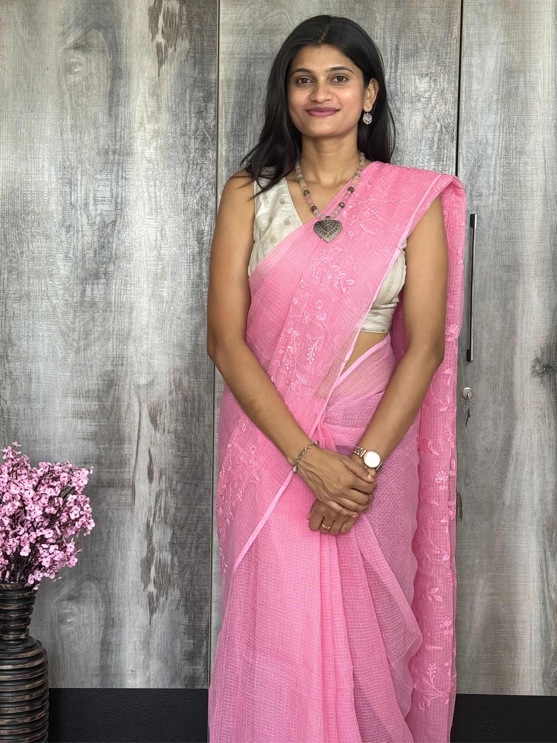 Kota Doria Embroidered Saree in Pink