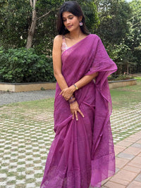 Purple Kota Doria saree with floral embroidery