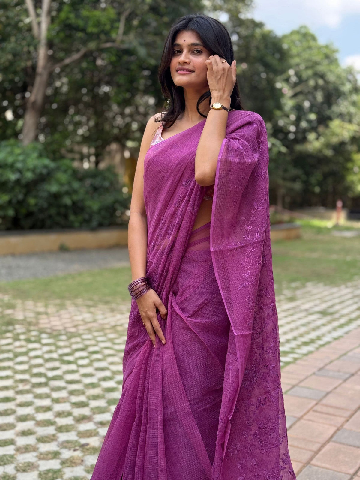 Purple embroidered Kota Doria saree with delicate floral motifs