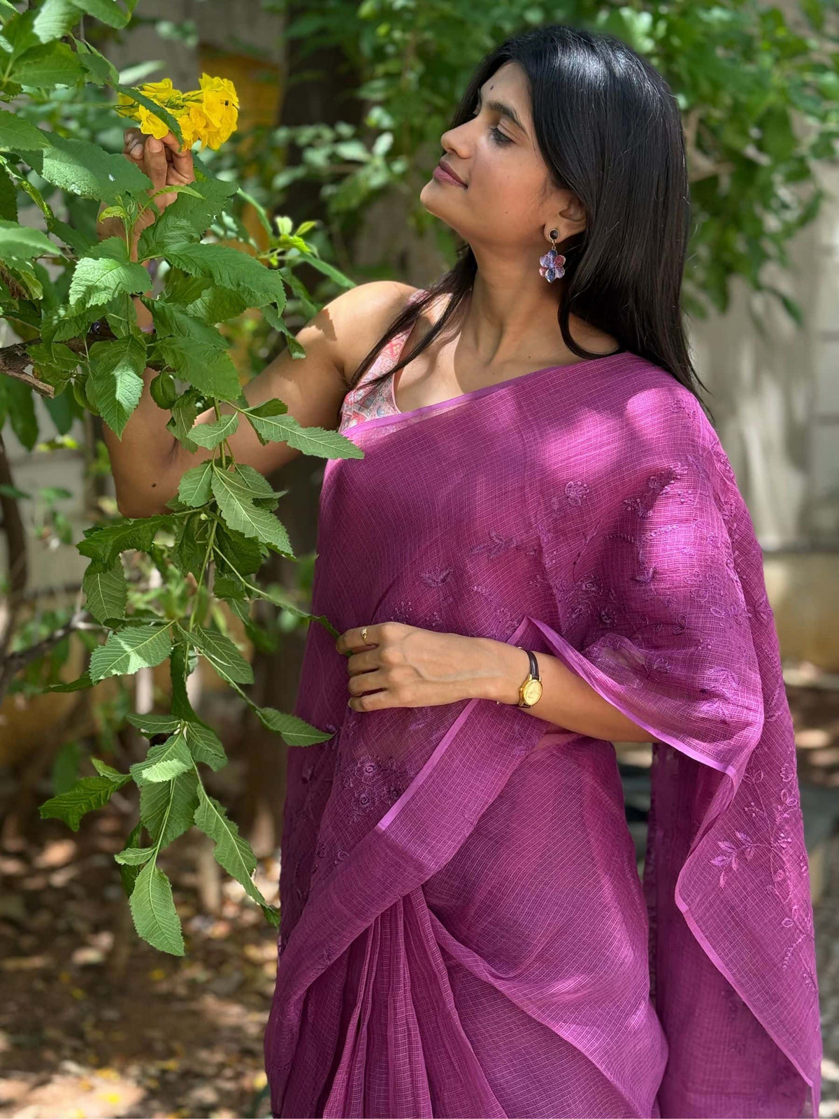 Kota Doria saree in purple with tonal floral embroidery
