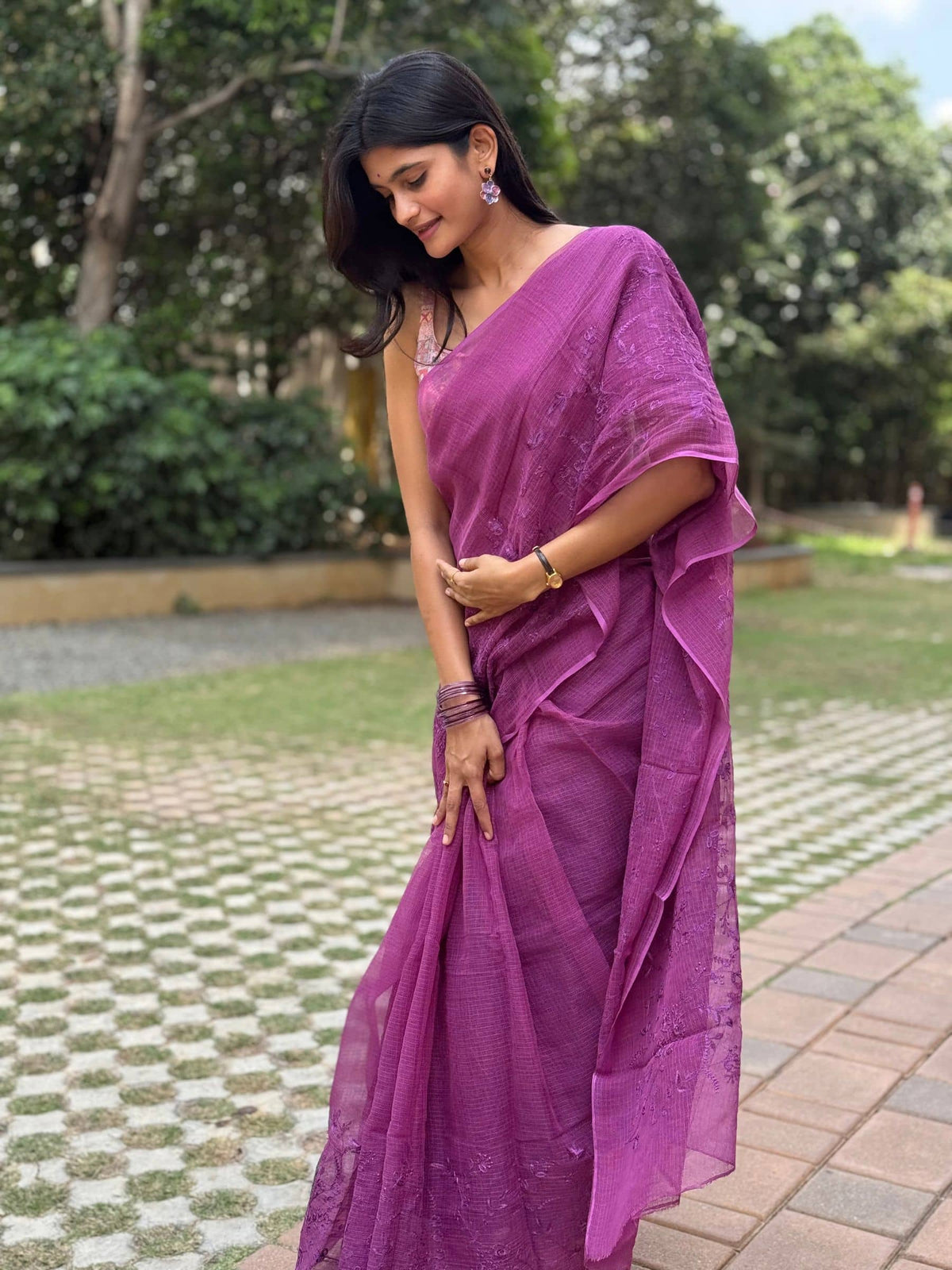 Kota Doria Embroidered Saree in Purple