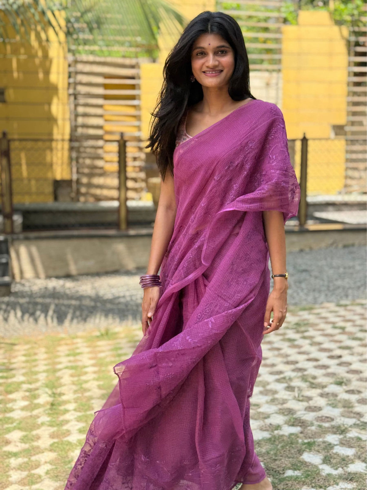 Kota Doria Embroidered Saree in Purple