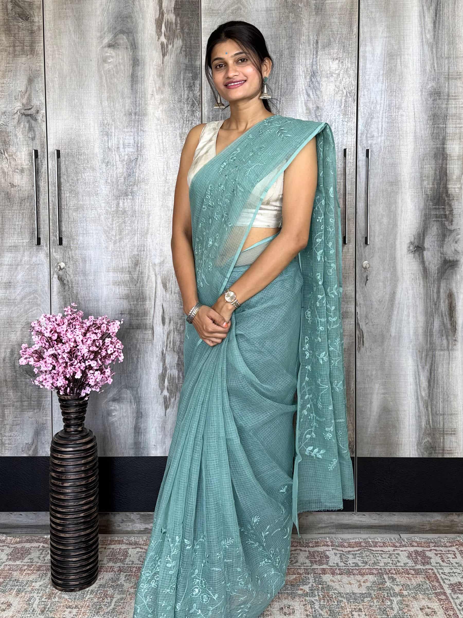 Sea green embroidered Kota Doria saree with floral thread work