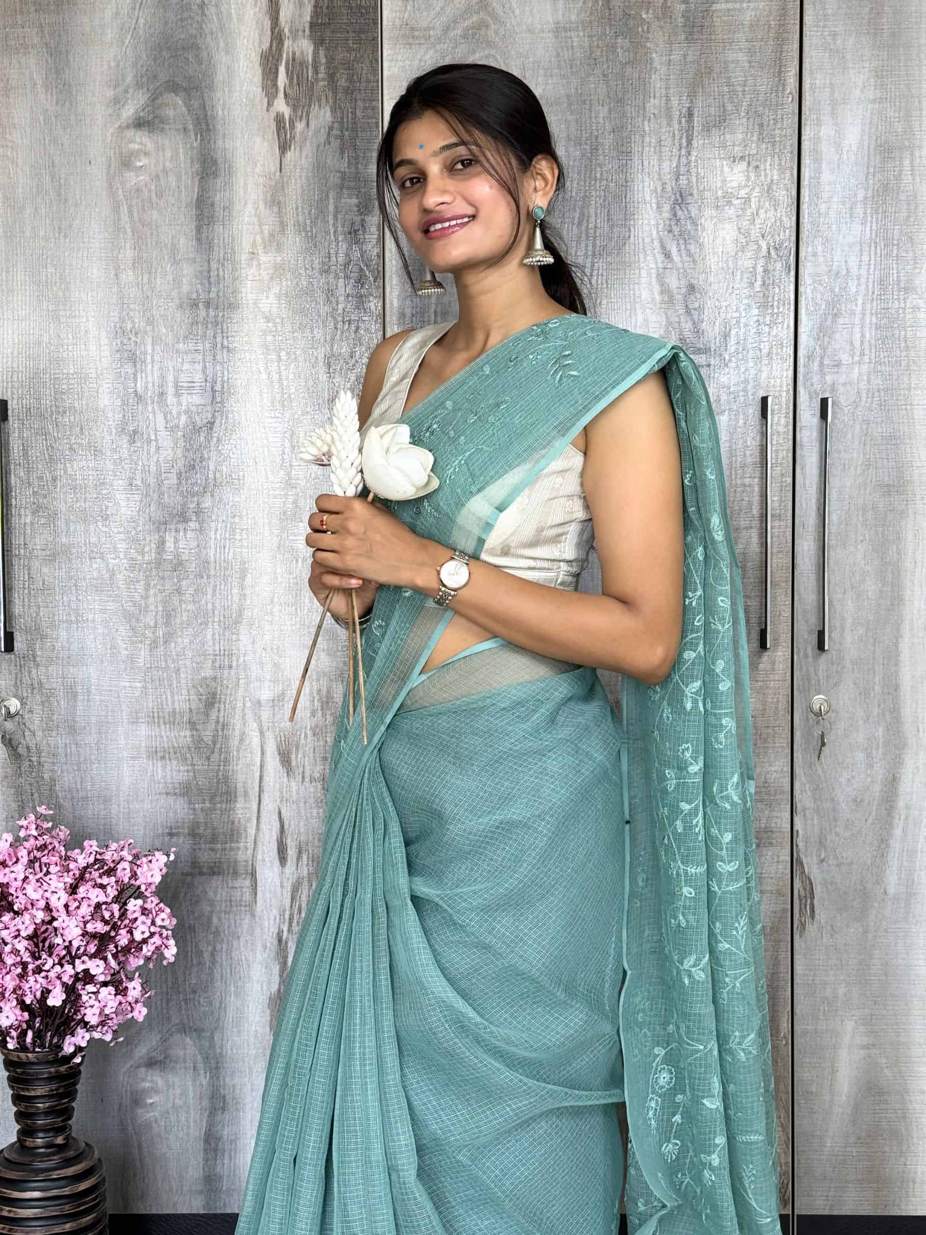 Kota Doria Embroidered Saree in Sea Green