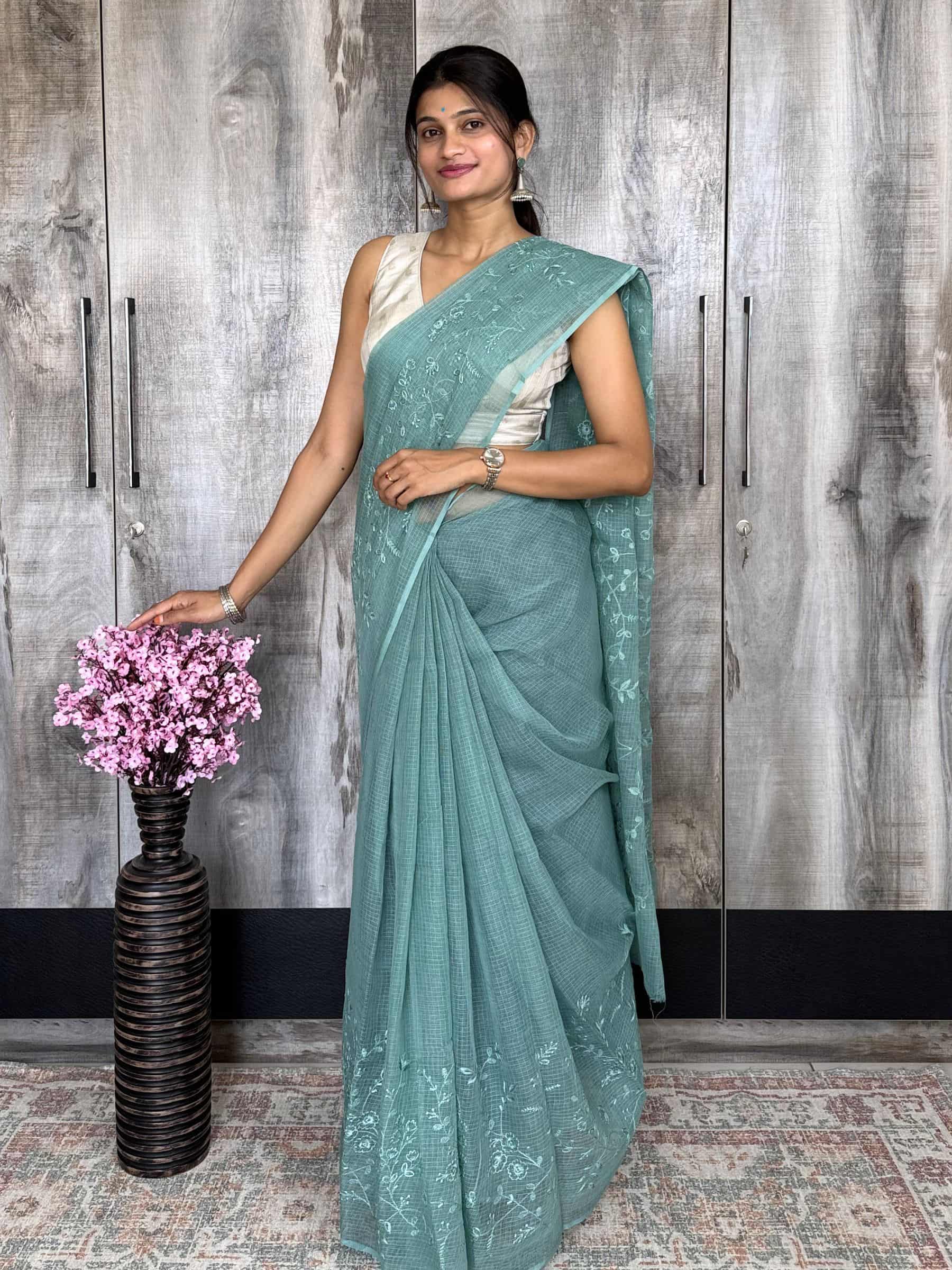 Kota Doria Embroidered Saree in Sea Green