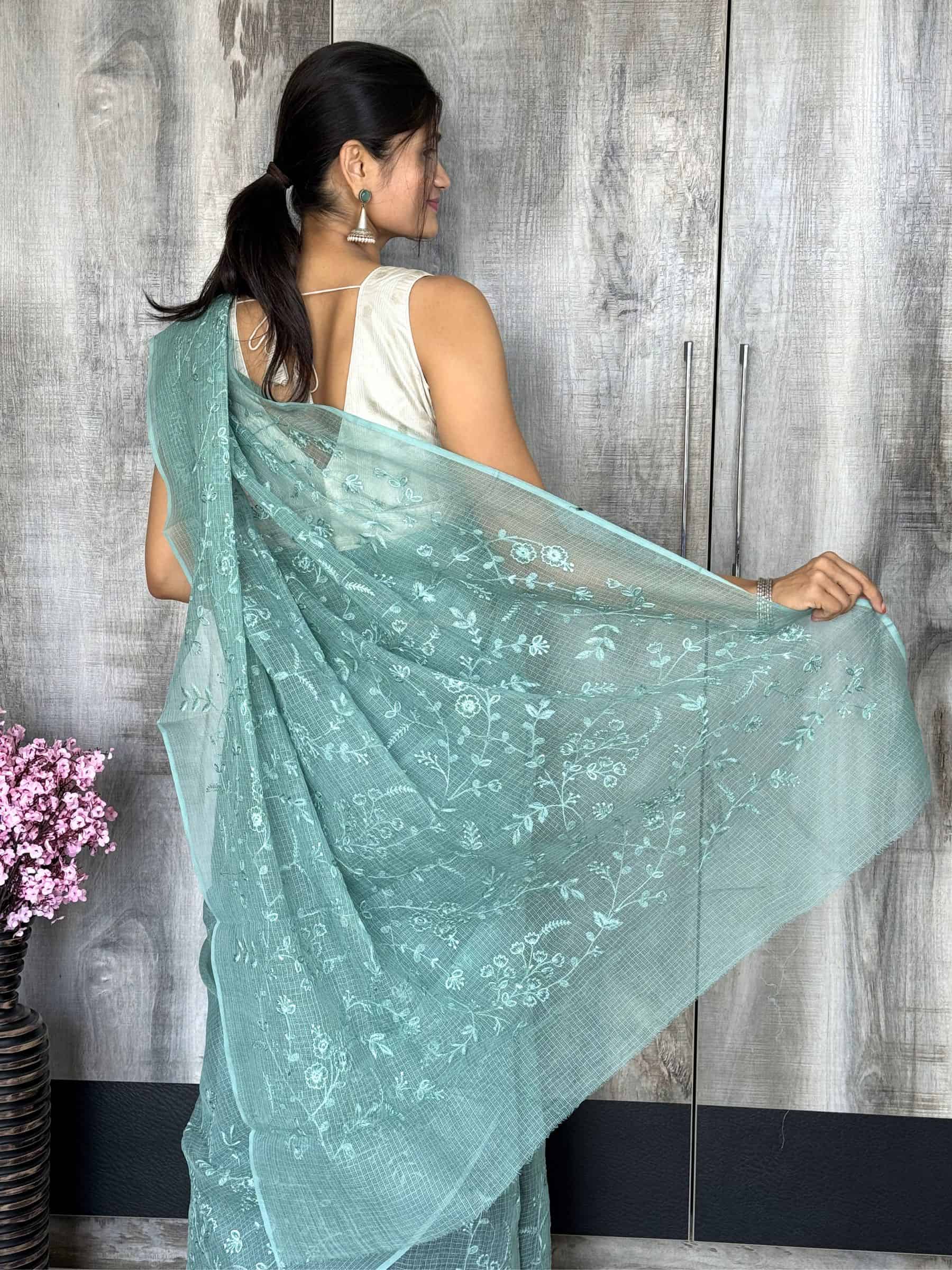 Kota Doria Embroidered Saree in Sea Green