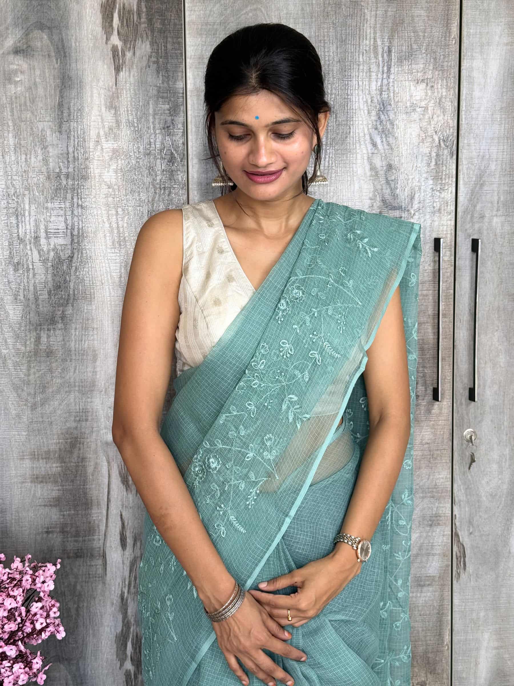 Kota Doria Embroidered Saree in Sea Green
