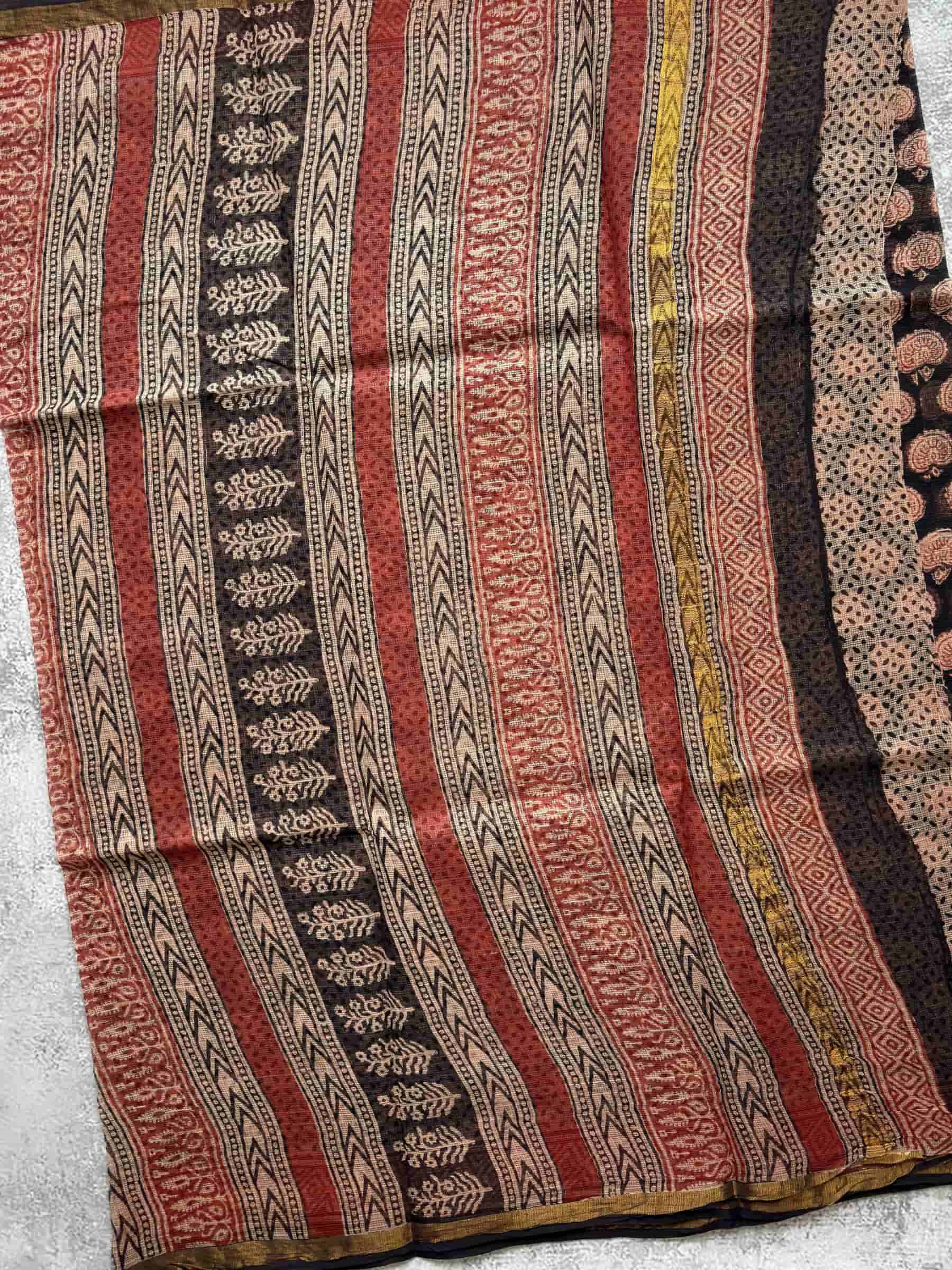 Hand Block Printed Bagh Kota Doria Saree in Black
