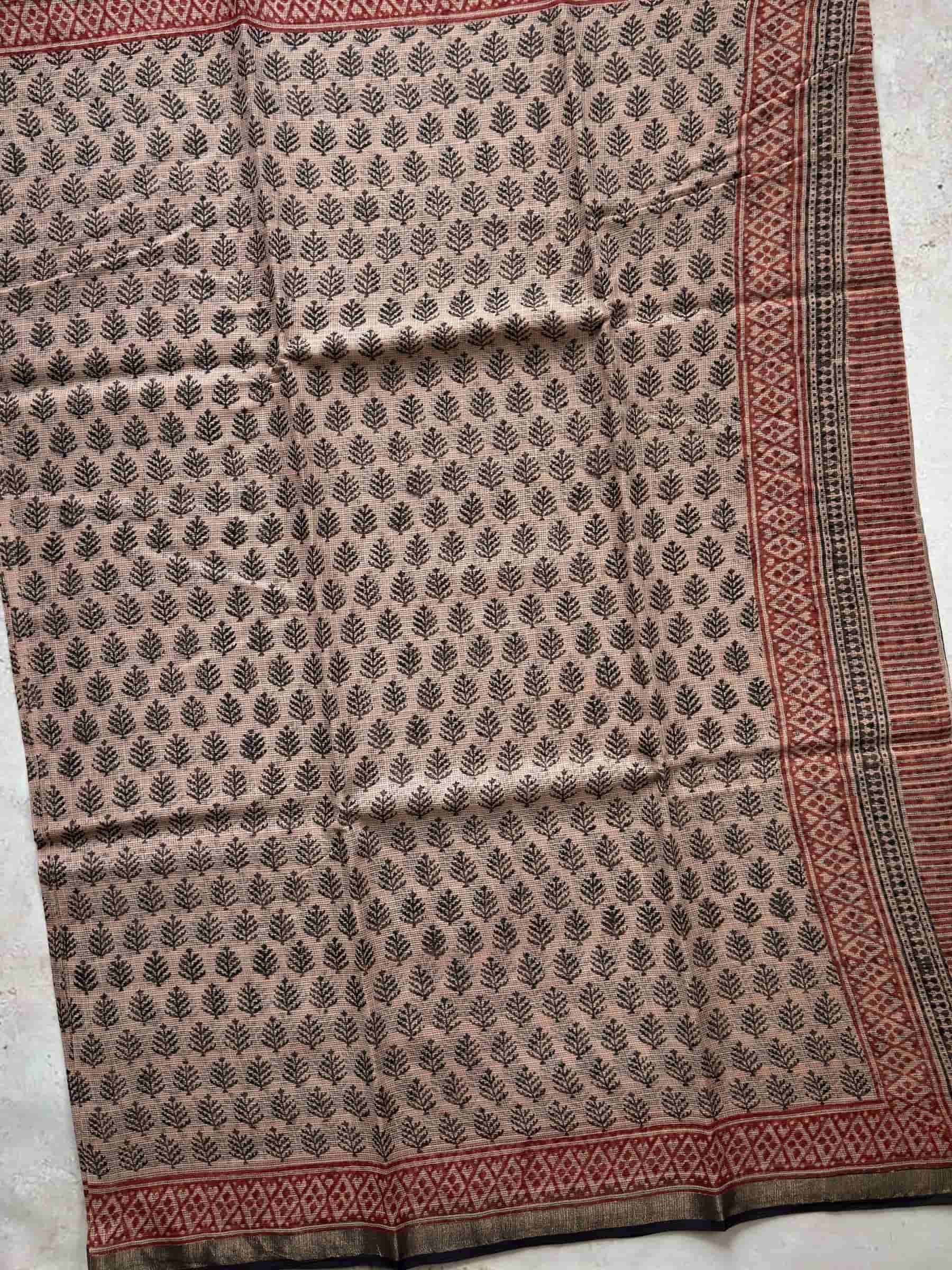 Hand Block Printed Bagru Kota Doria Saree in Beige