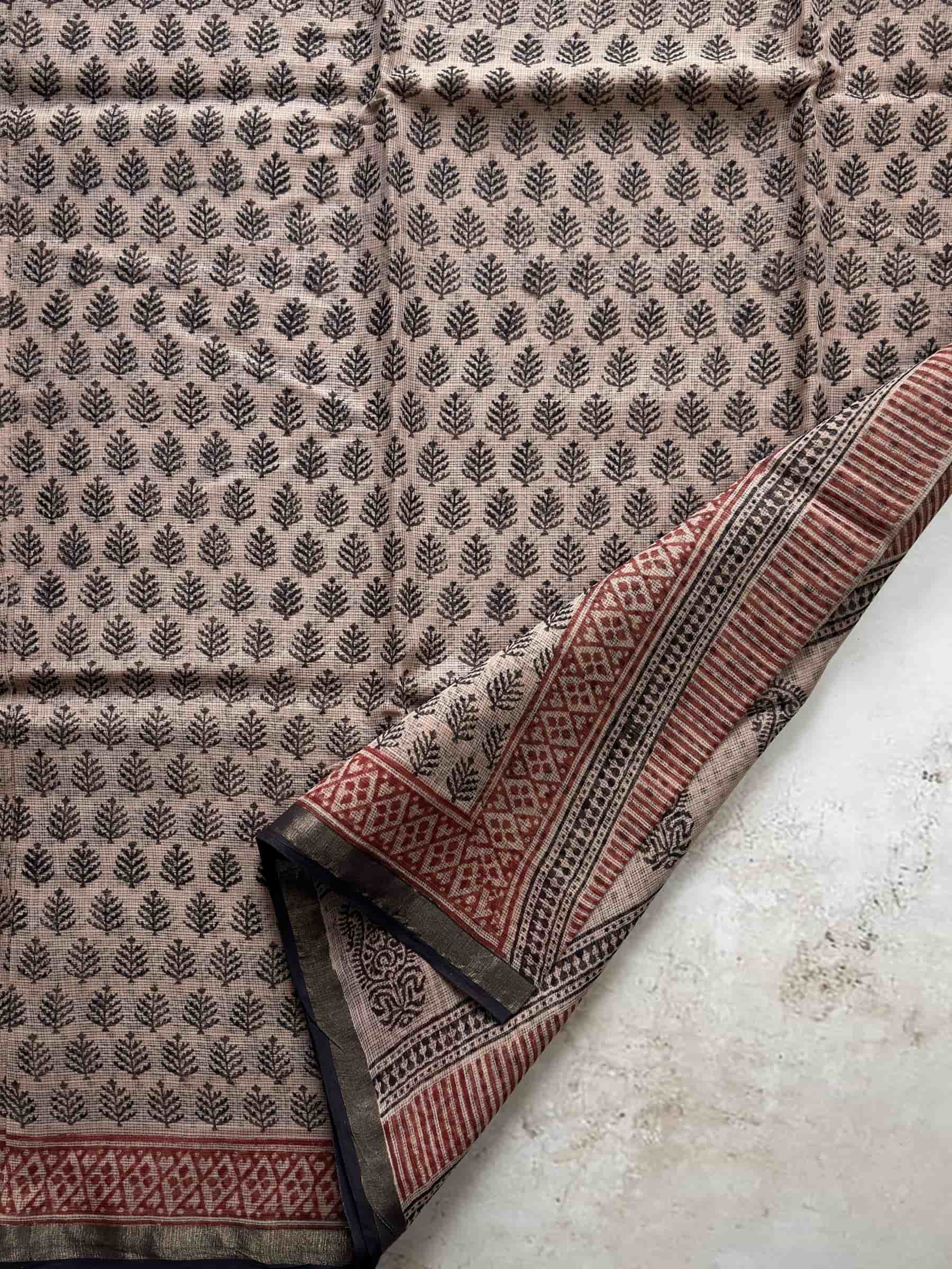 Hand Block Printed Bagru Kota Doria Saree in Beige