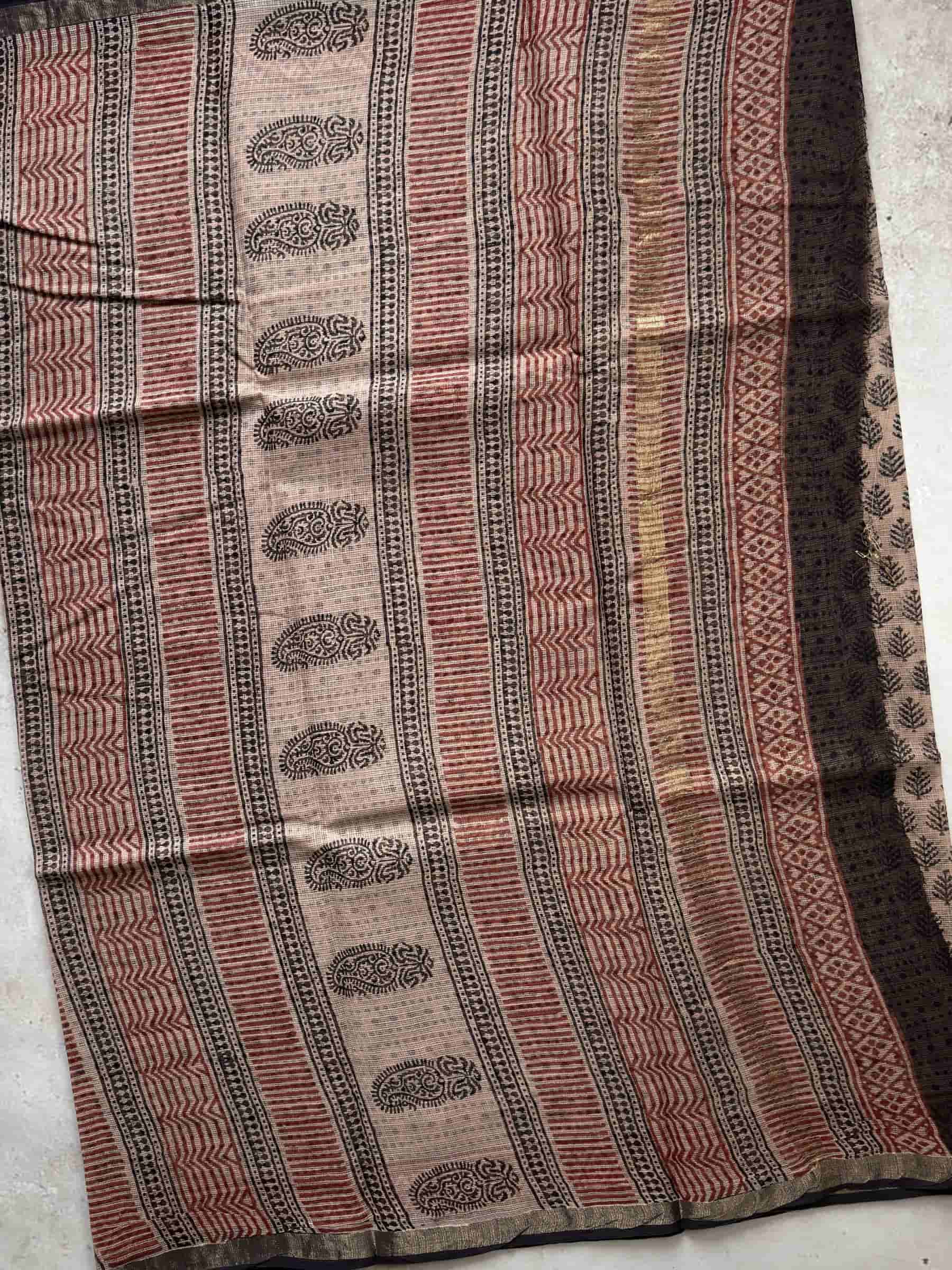 Hand Block Printed Bagru Kota Doria Saree in Beige