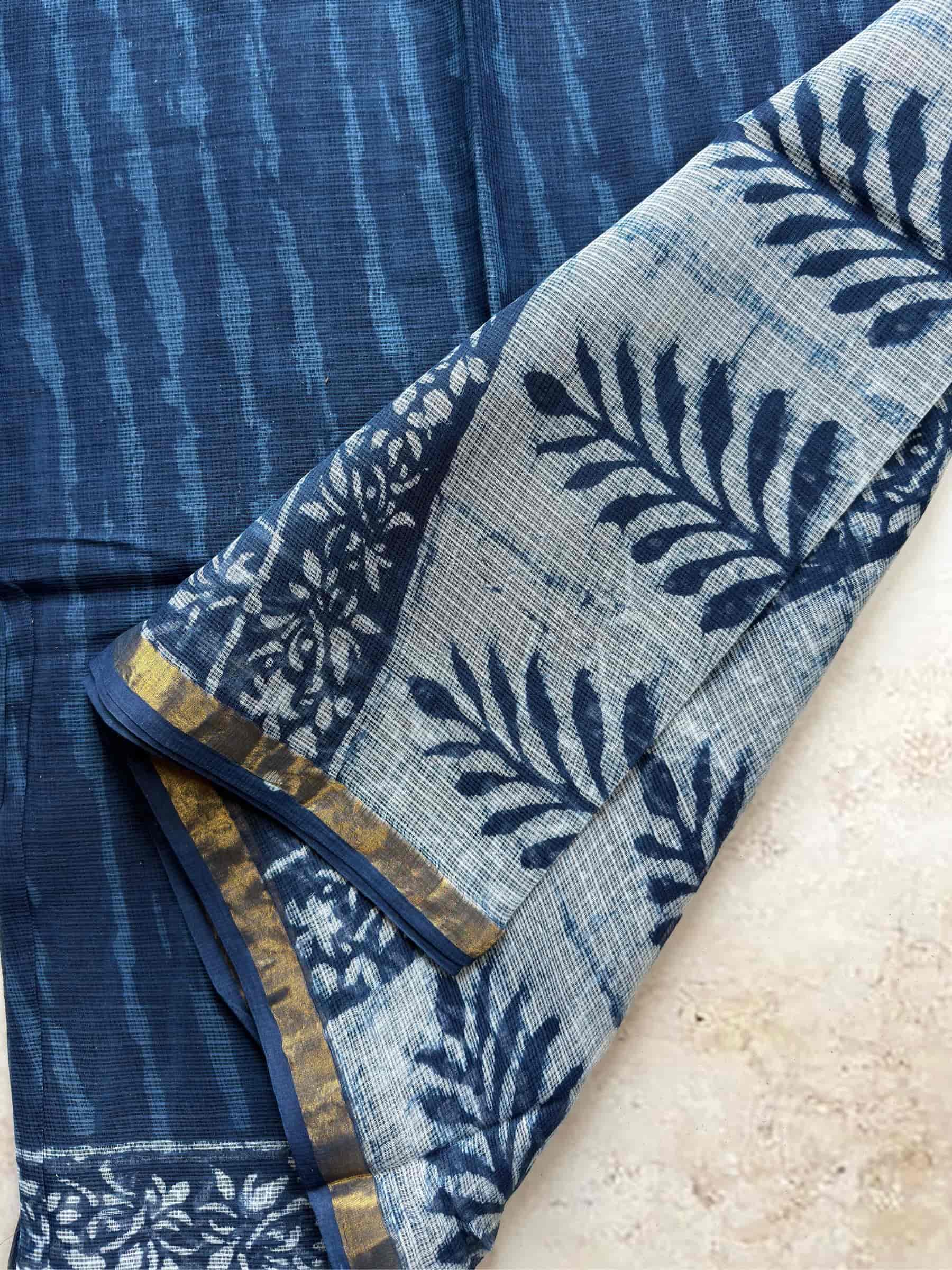 Hand Block Printed Bagru Kota Doria Saree in Indigo Blue