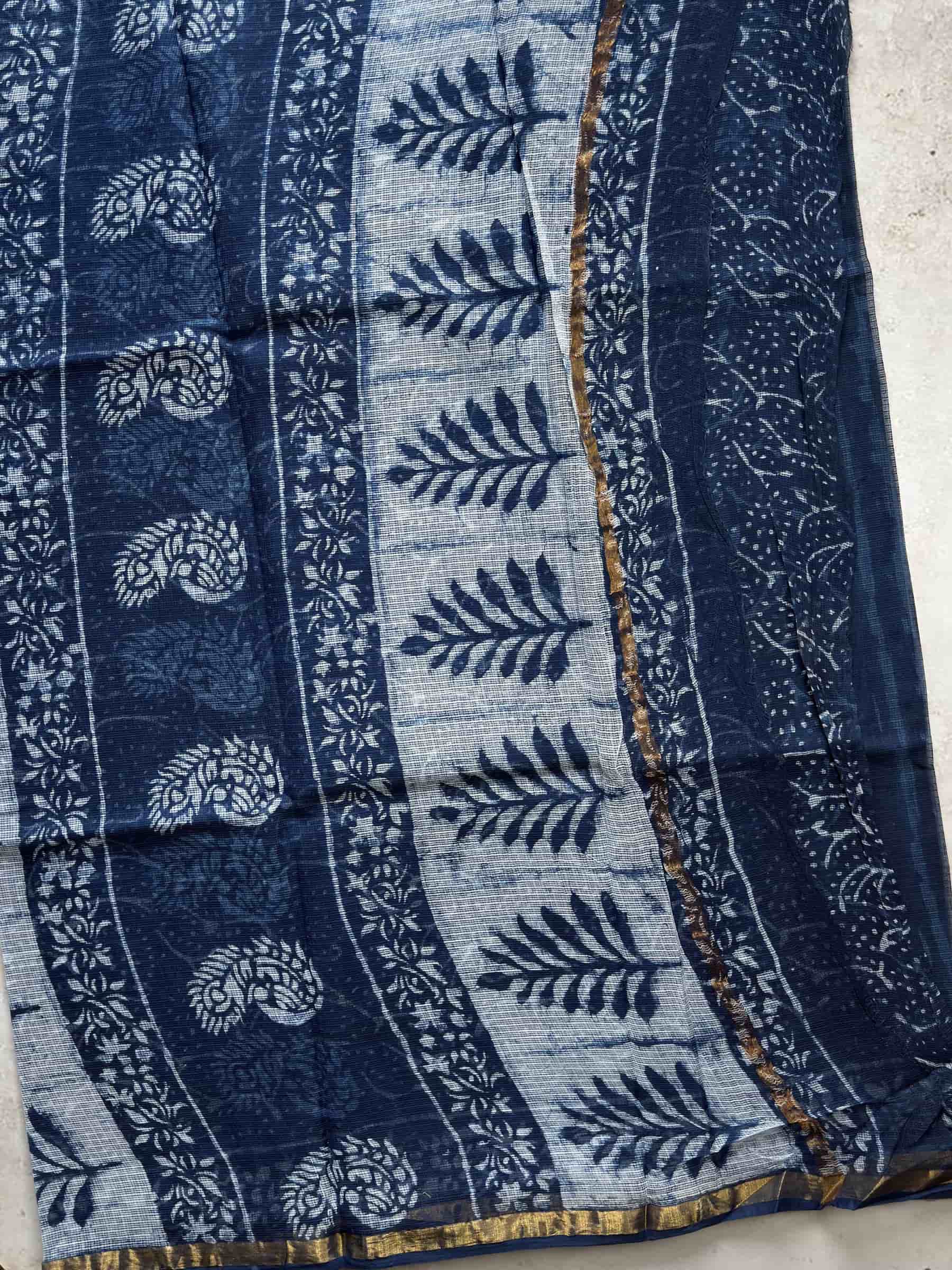 Hand Block Printed Bagru Kota Doria Saree in Indigo Blue