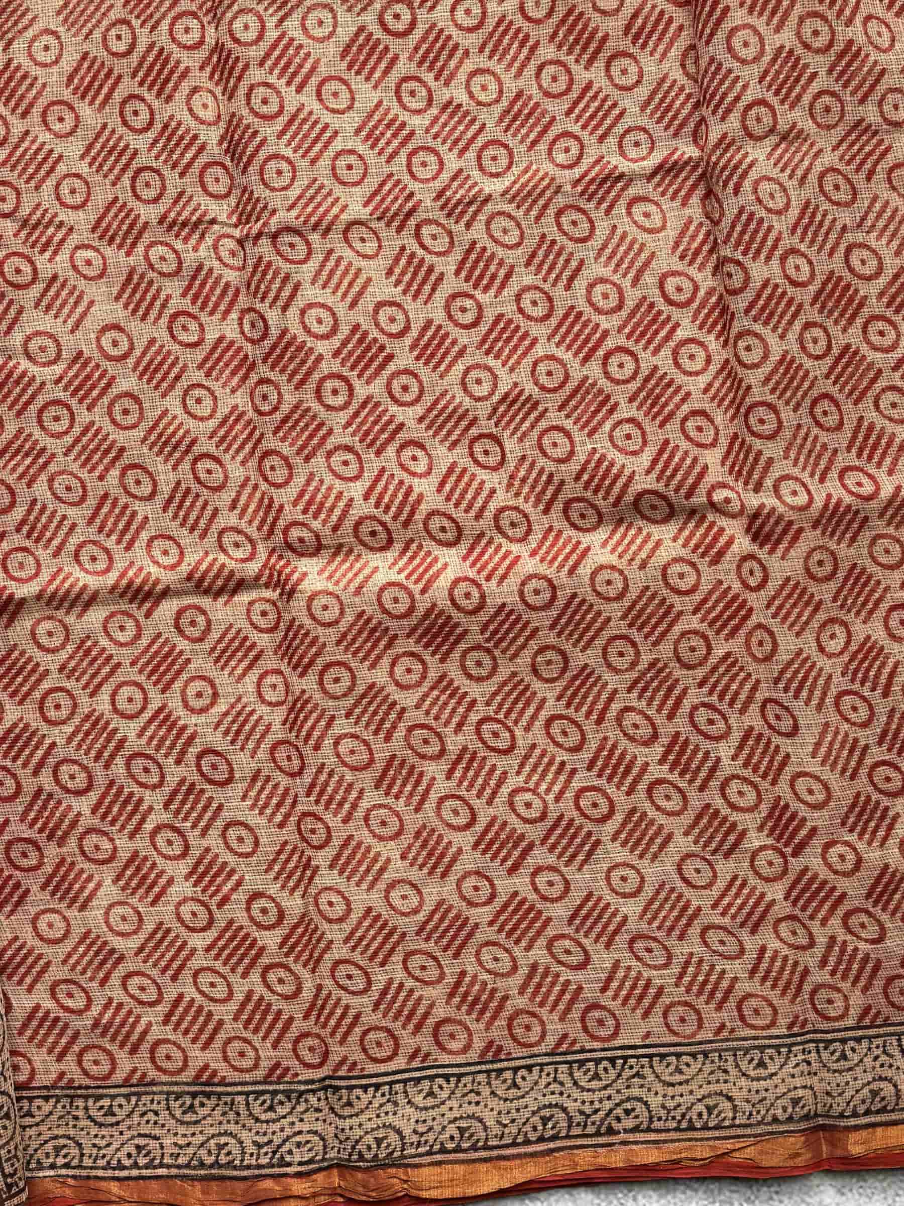 Hand Block Printed Bagru Kota Doria Saree in Rust Maroon