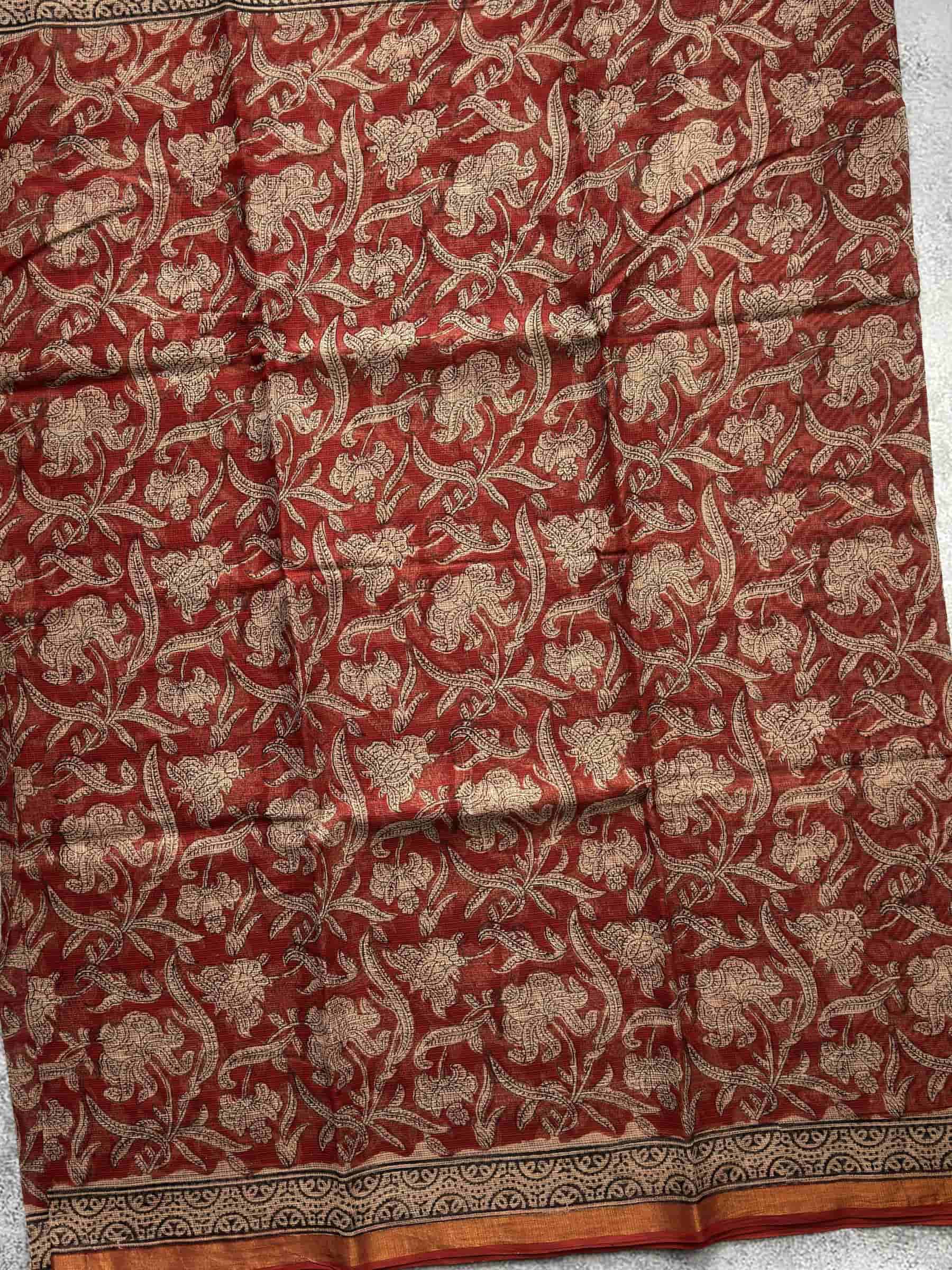 Hand Block Printed Bagru Kota Doria Saree in Rust Maroon
