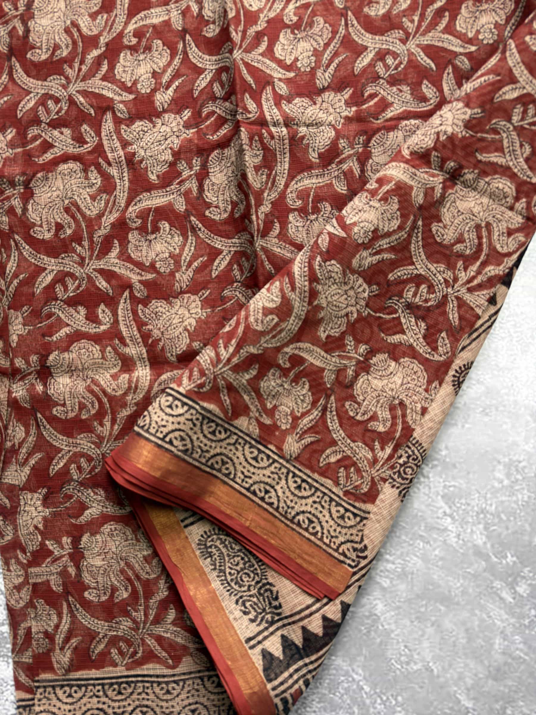 Hand Block Printed Bagru Kota Doria Saree in Rust Maroon