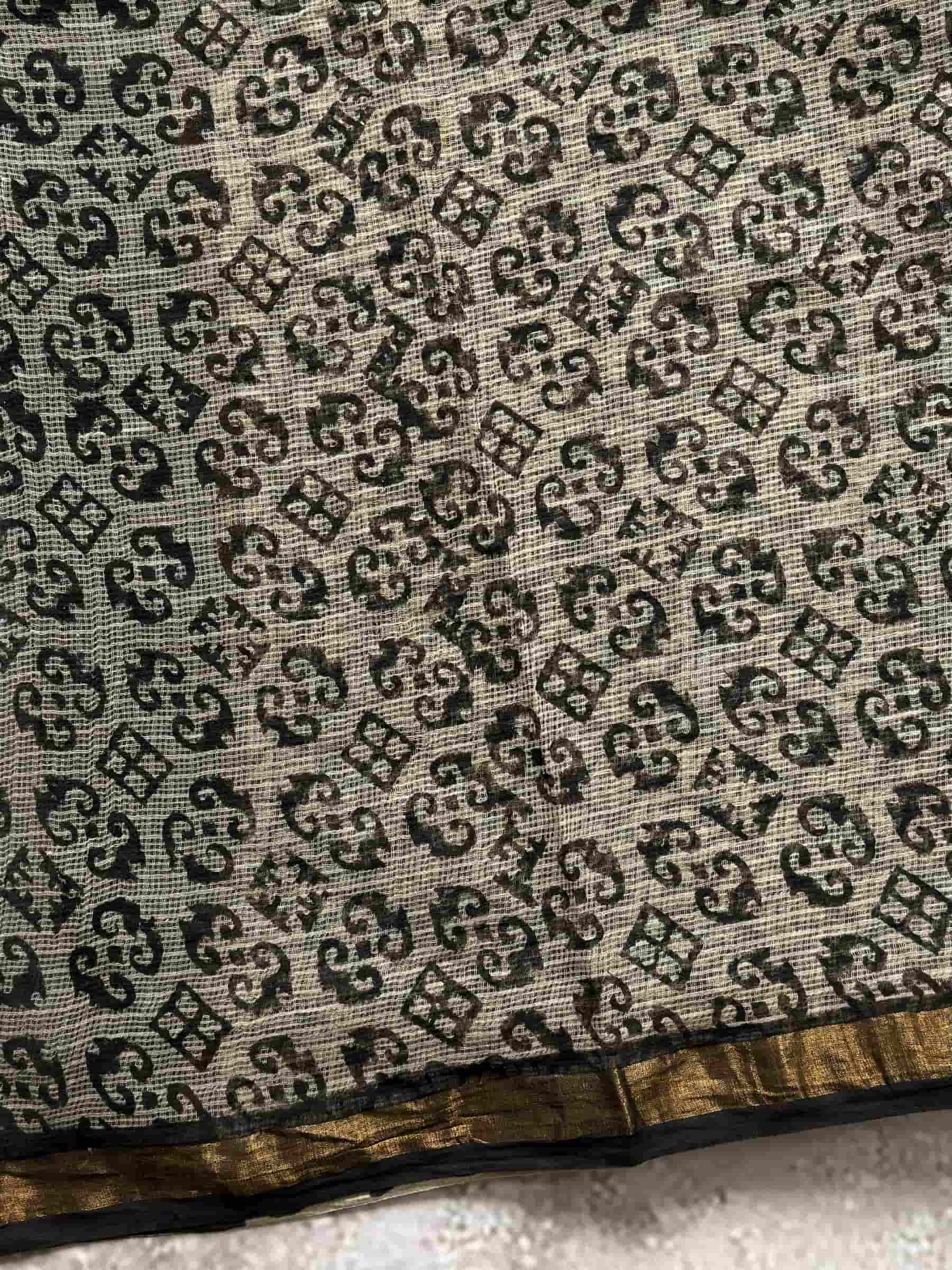 Kota Doria Hand Block Print Saree in Beige & Black