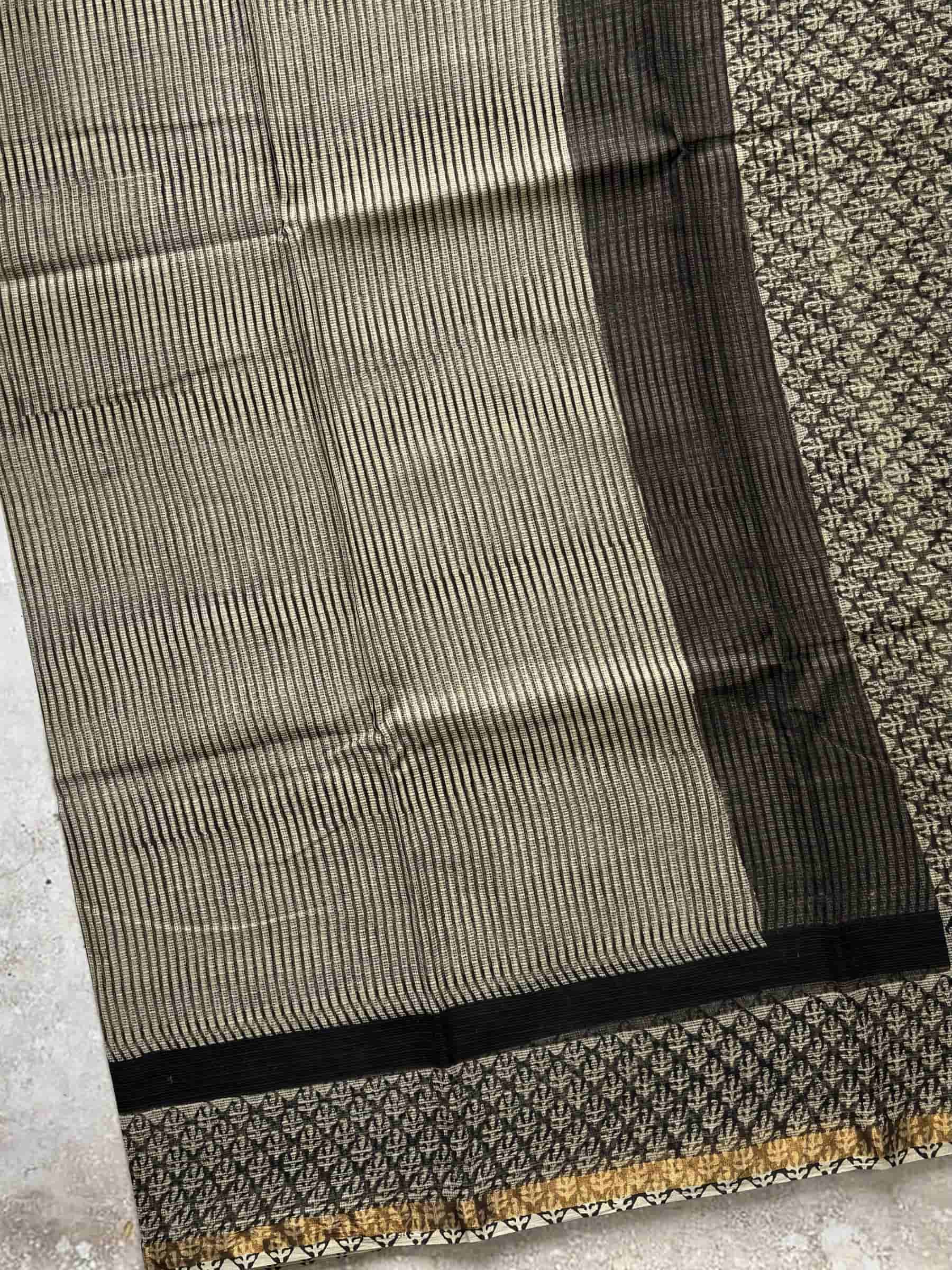 Kota Doria Hand Block Print Saree in Beige & Black