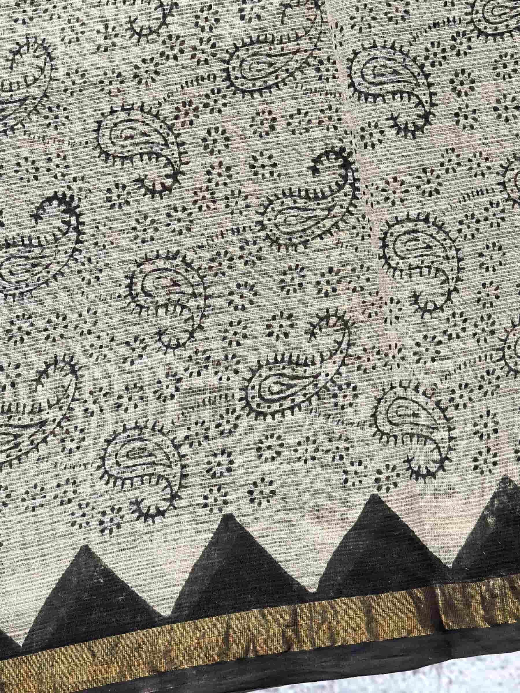 Kota Doria Hand Block Print Saree in Beige & Black Checks