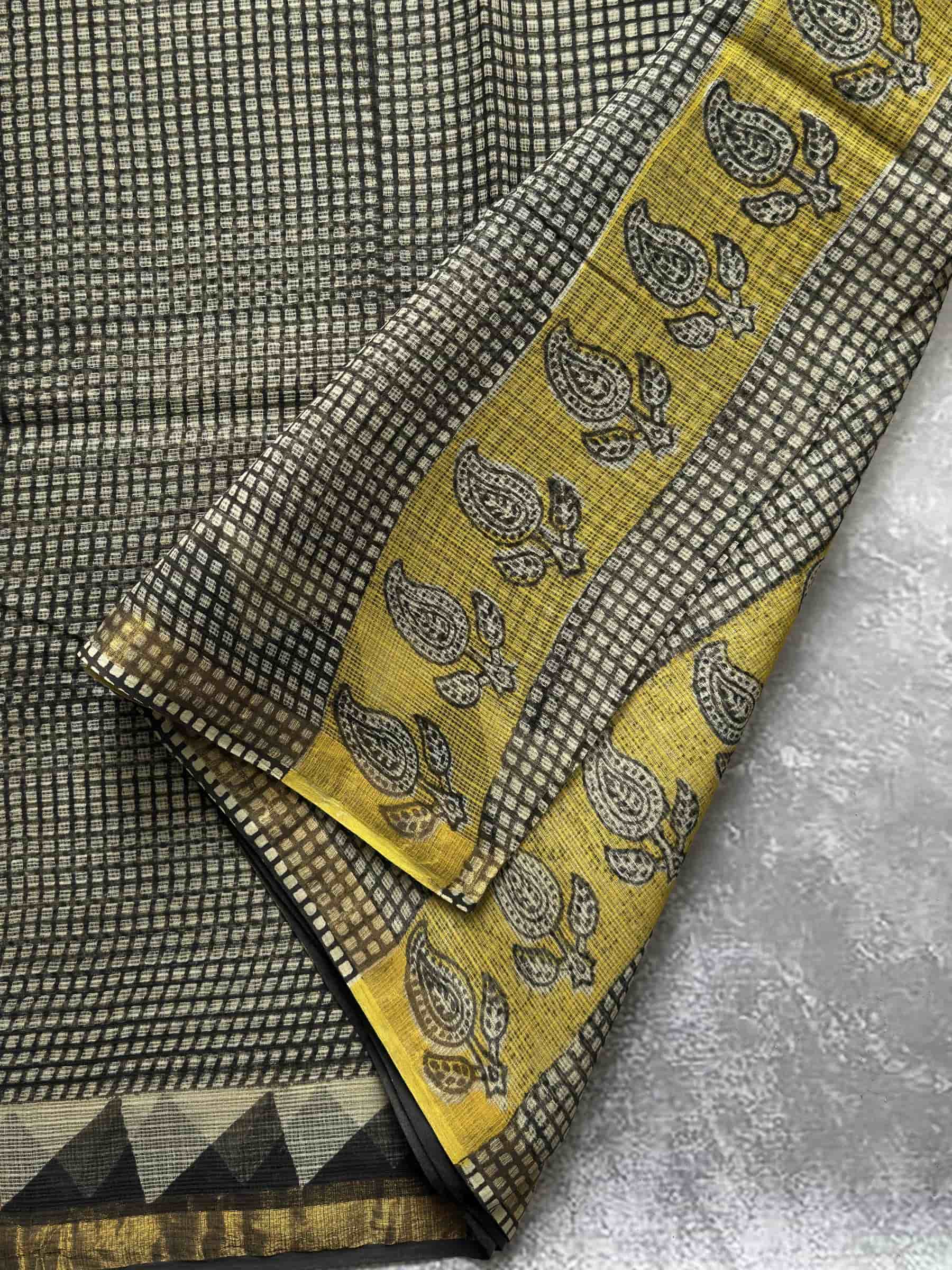 Kota Doria Hand Block Print Saree in Beige & Black Checks