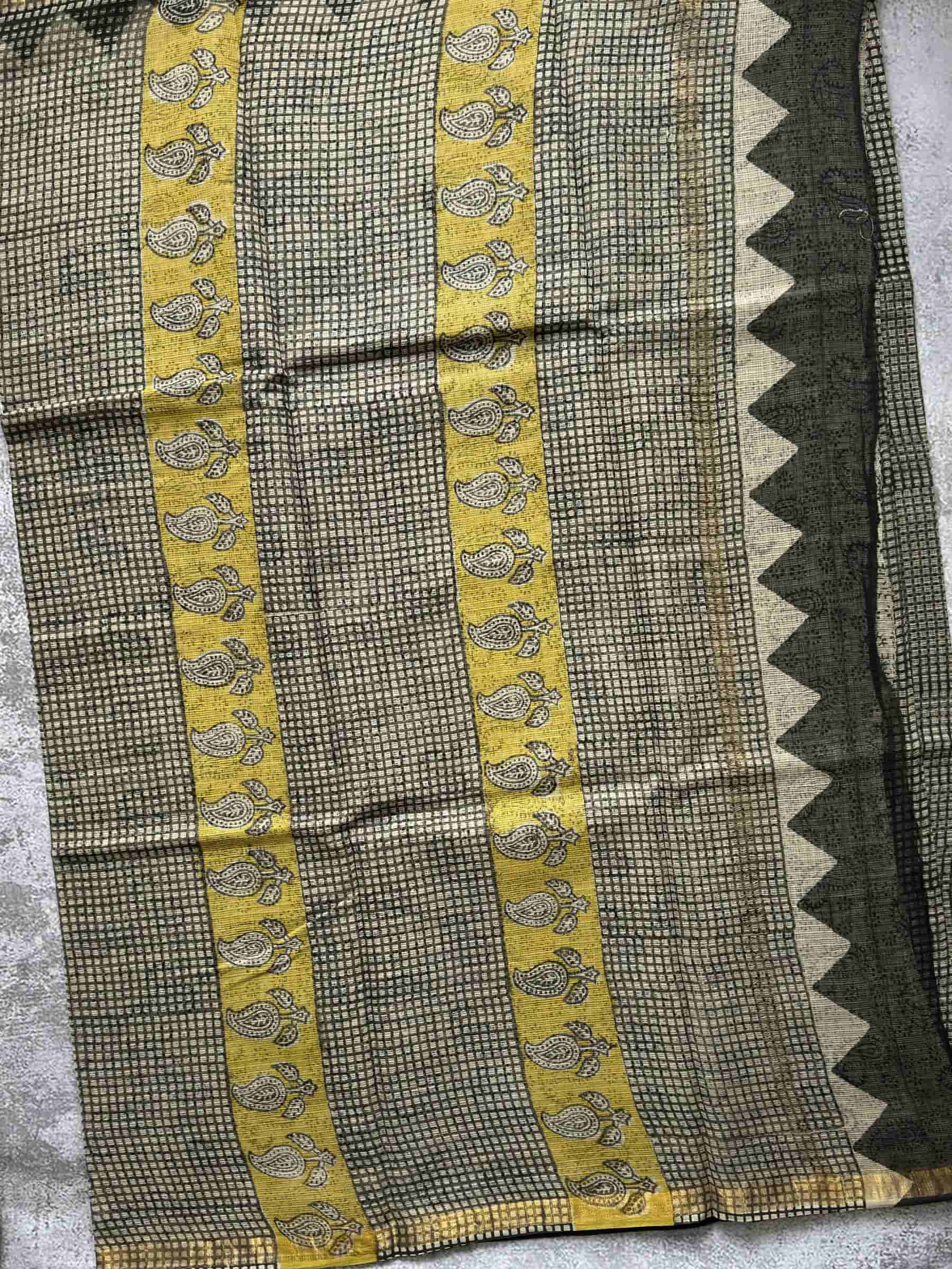 Kota Doria Hand Block Print Saree in Beige & Black Checks