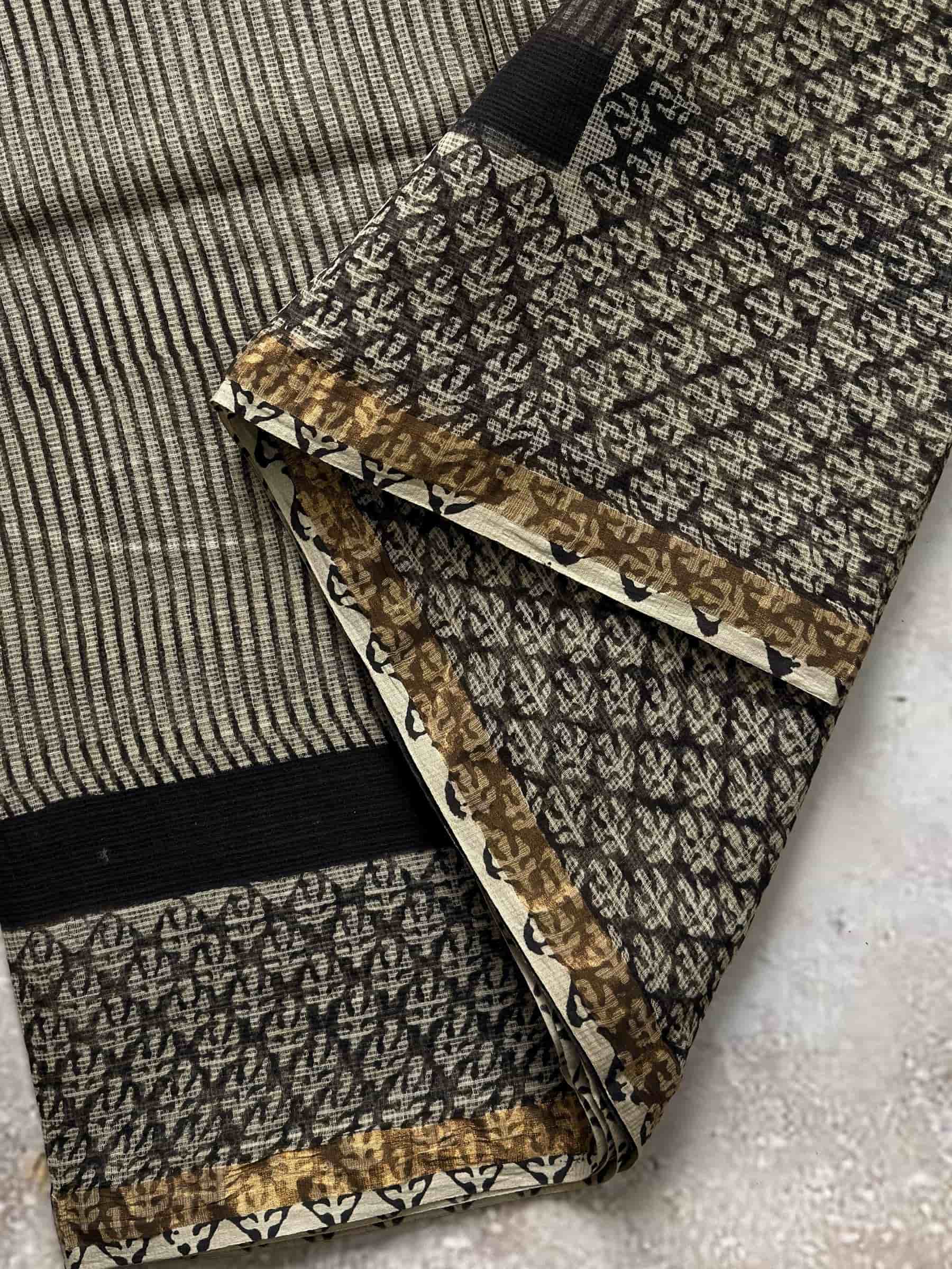 Kota Doria Hand Block Print Saree in Beige & Black